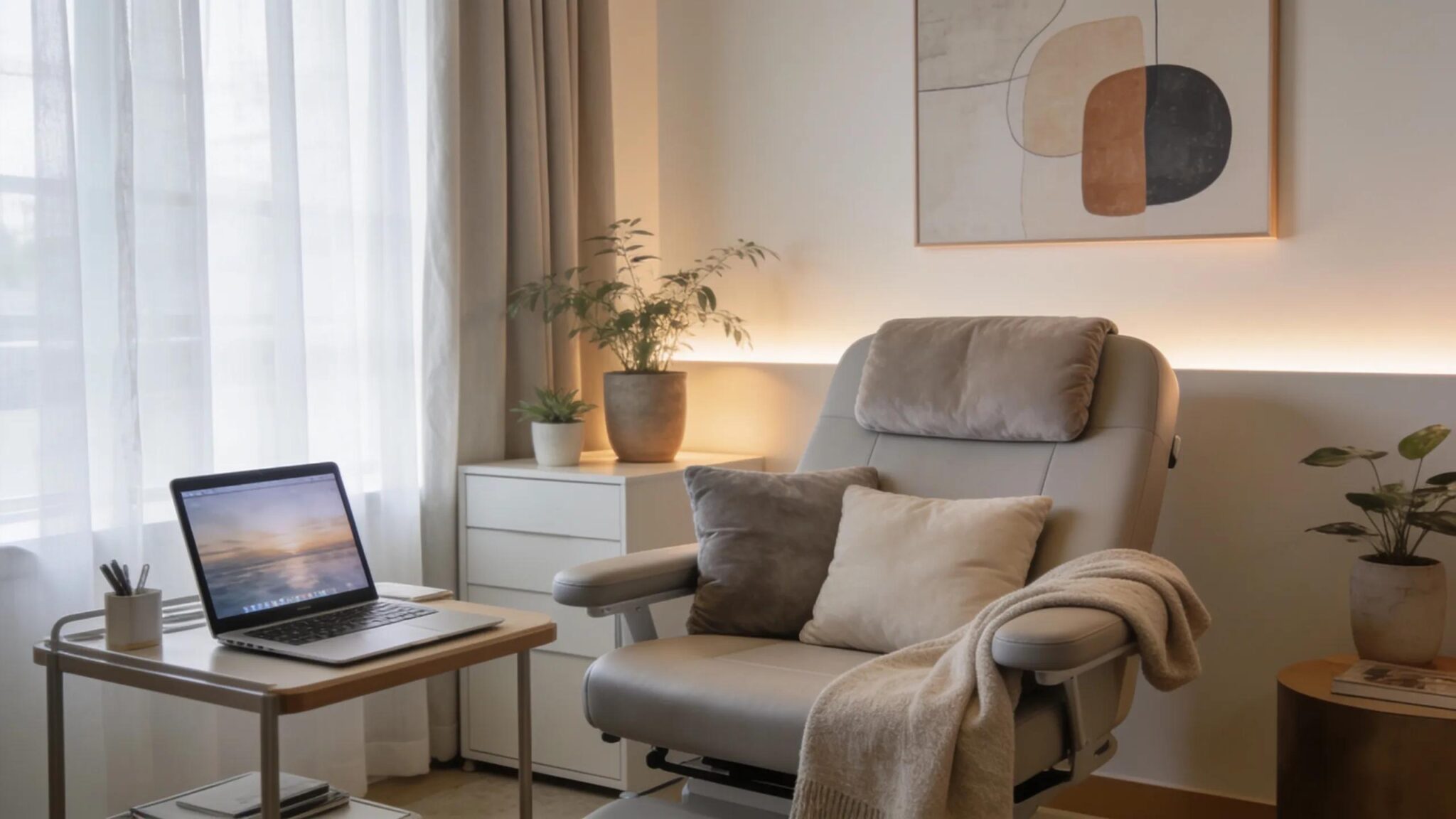 Therapist's serene workspace emphasizing calming branding elements