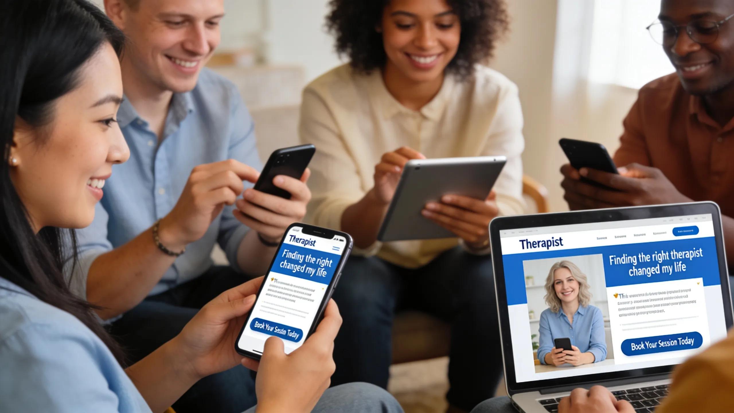 Clients using different devices to view a therapist's website, highlighting engagement and trust