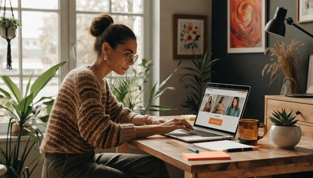 Therapist designing a custom website in a cozy office, enhancing online presence for mental health practice