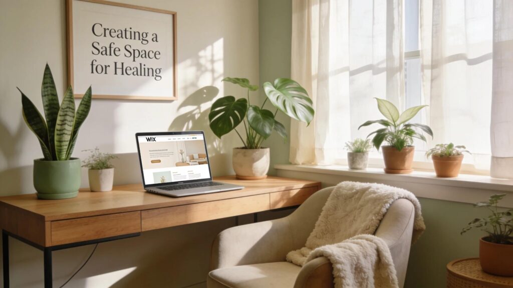 Therapist workspace with laptop displaying Wix design for therapy website