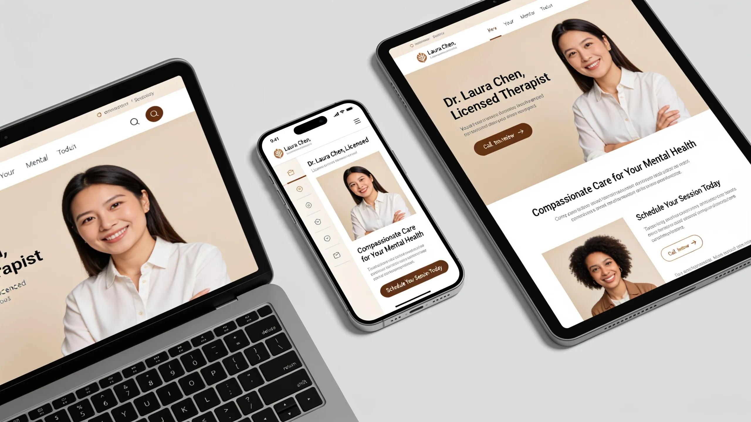 Various devices showcasing a responsive therapist website design