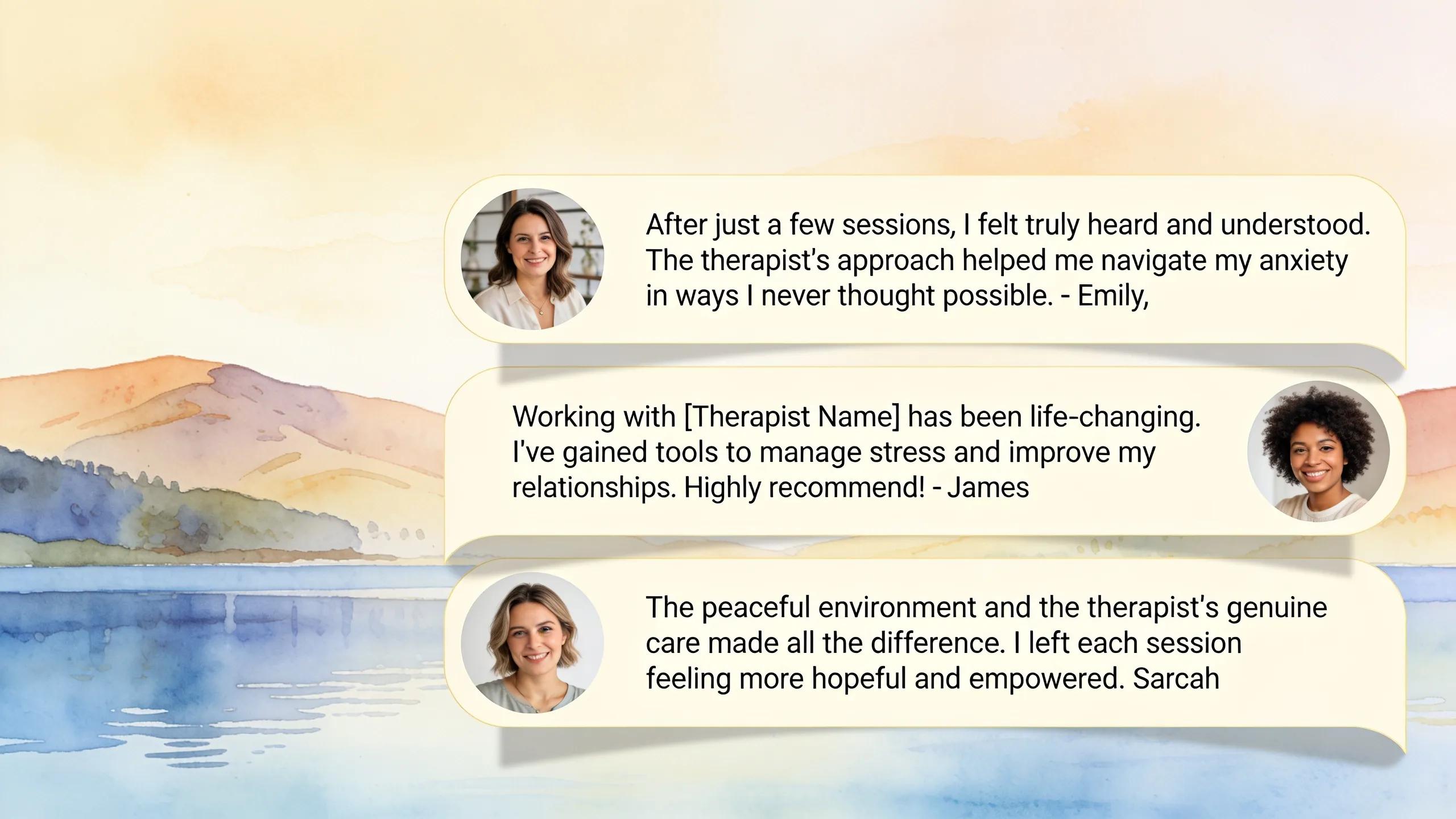 Engaging testimonial section on a therapist's website highlighting real client reviews in a warm ambiance