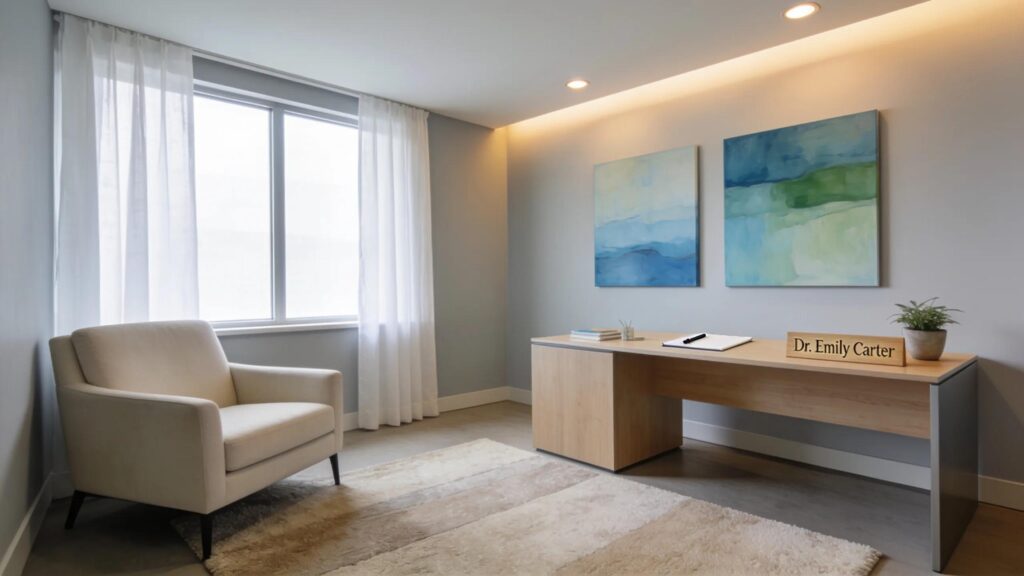 Professional therapist office showcasing a comfortable chair and calming decor, symbolizing growth and engagement