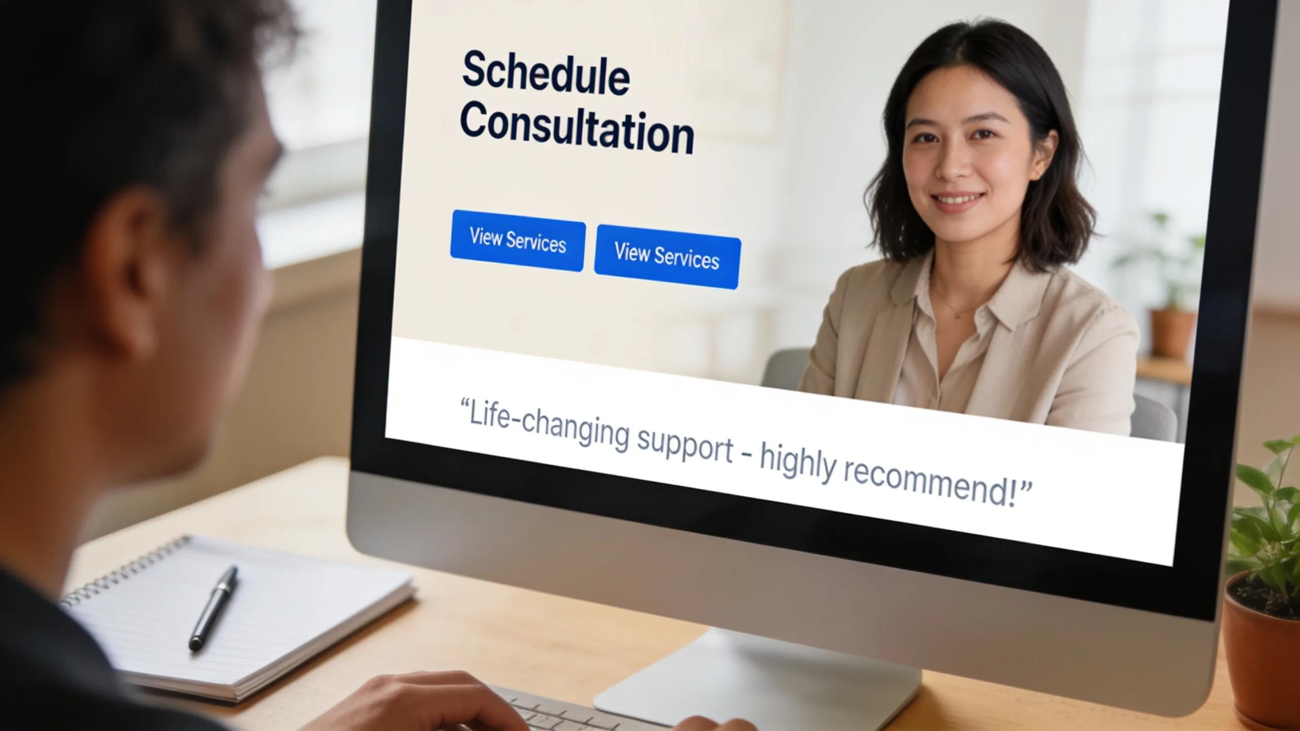Engaging website layout showing therapist&rsquo;s effective conversion strategies such as client testimonials