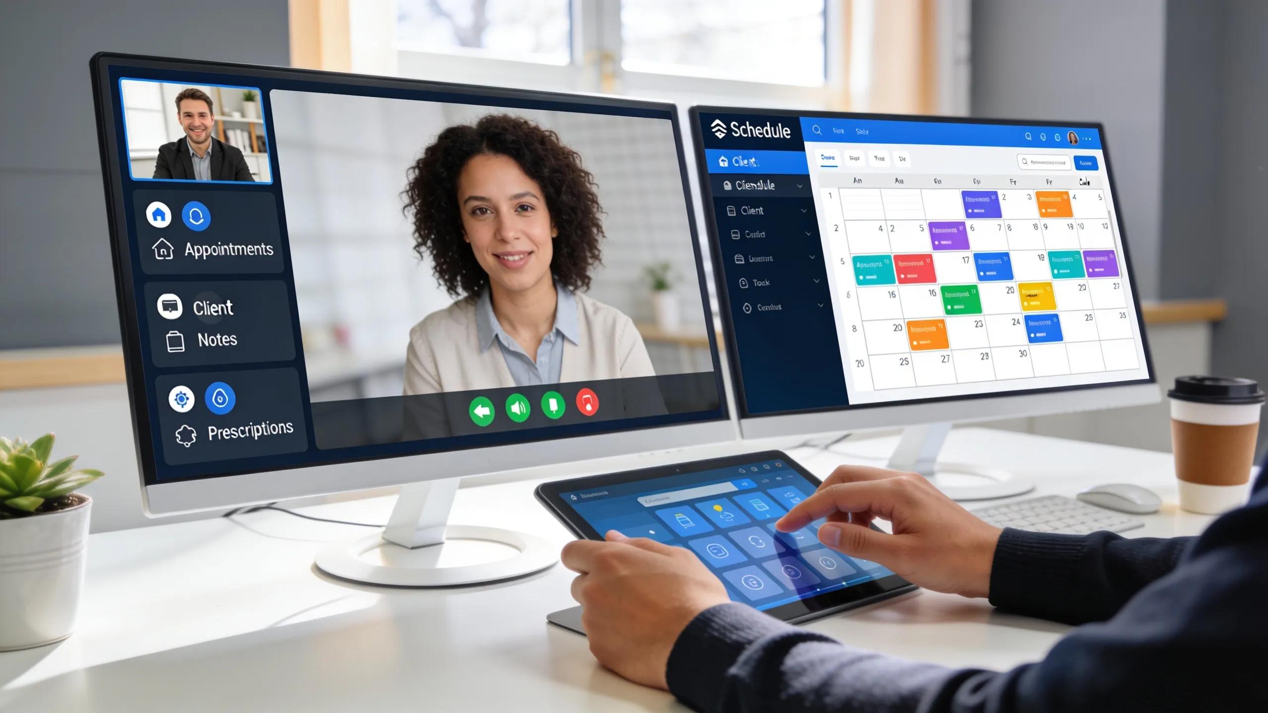 Therapist managing telehealth and scheduling tools on dual screens for effective client care