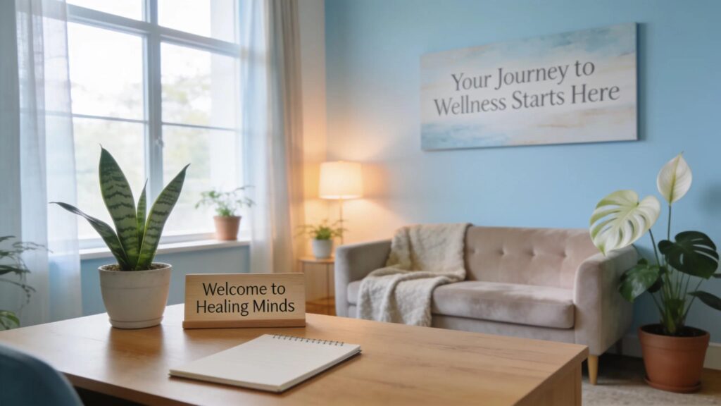 Therapy room with a calming atmosphere showcasing comfortable furniture and natural lighting