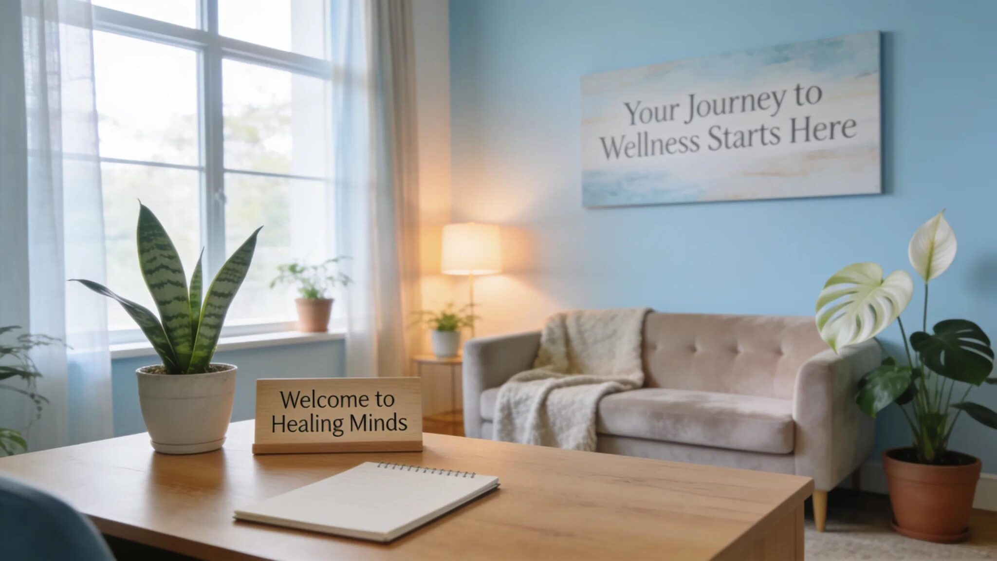 Therapy room with a calming atmosphere showcasing comfortable furniture and natural lighting