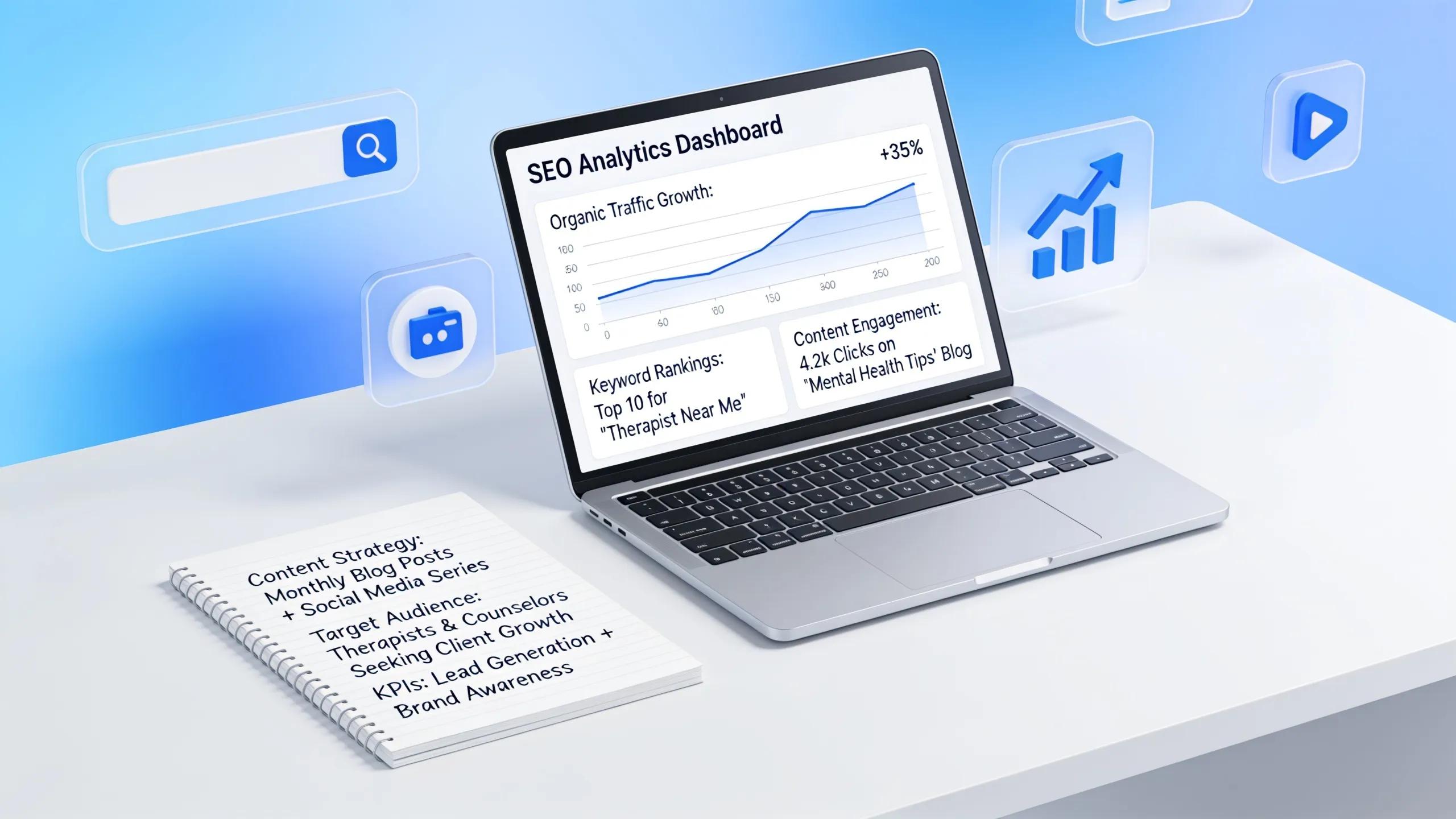 Digital marketing scene highlighting SEO analytics and strategies for therapist websites