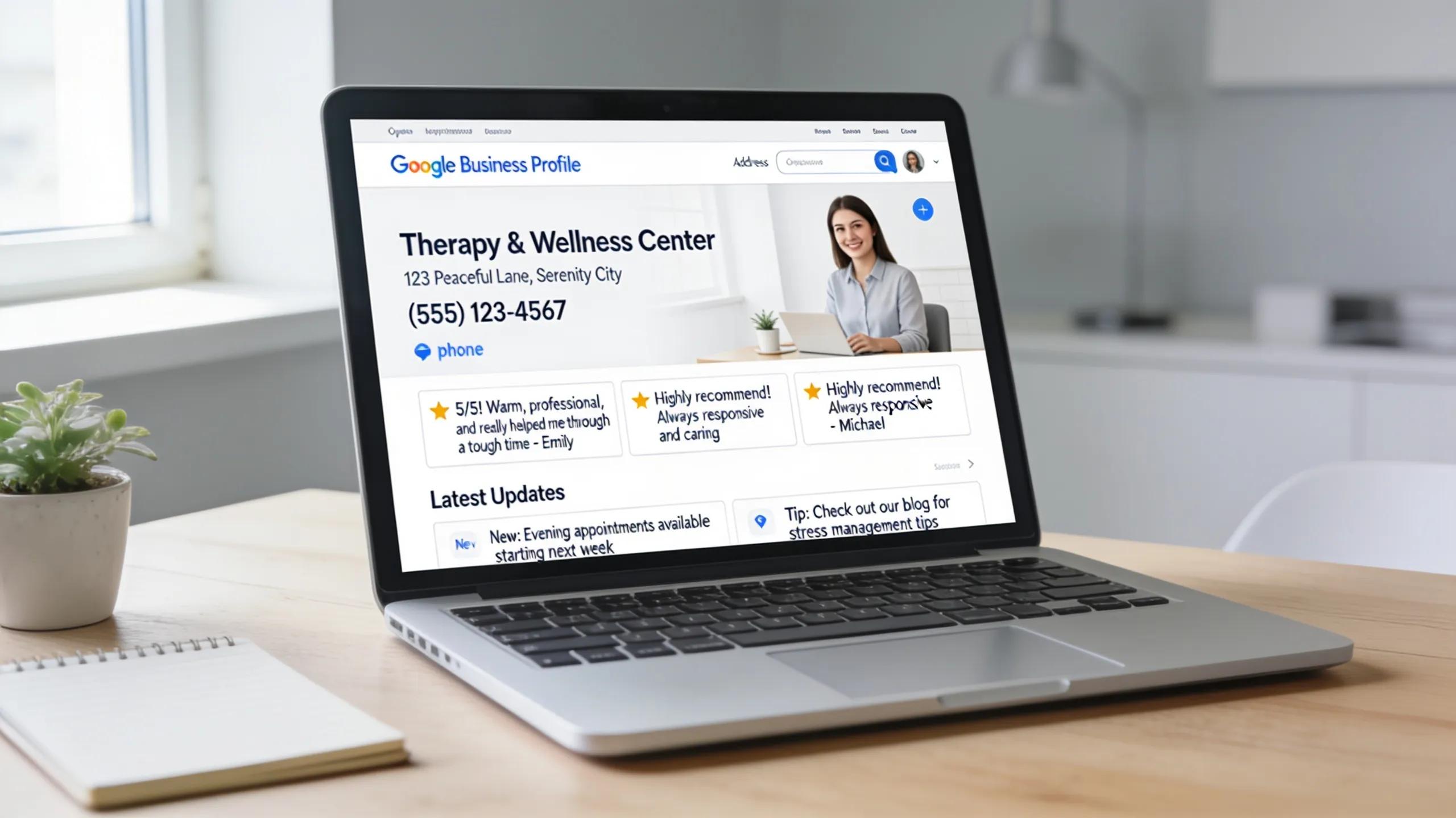Laptop displaying an optimized Google Business Profile for a therapist, highlighting elements like NAP details and positive reviews