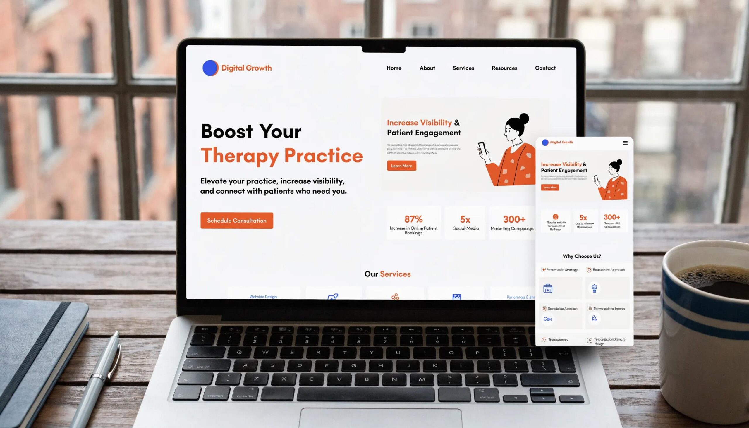Close-up of a user-friendly website design mockup on a laptop, emphasizing website optimization for therapy practices