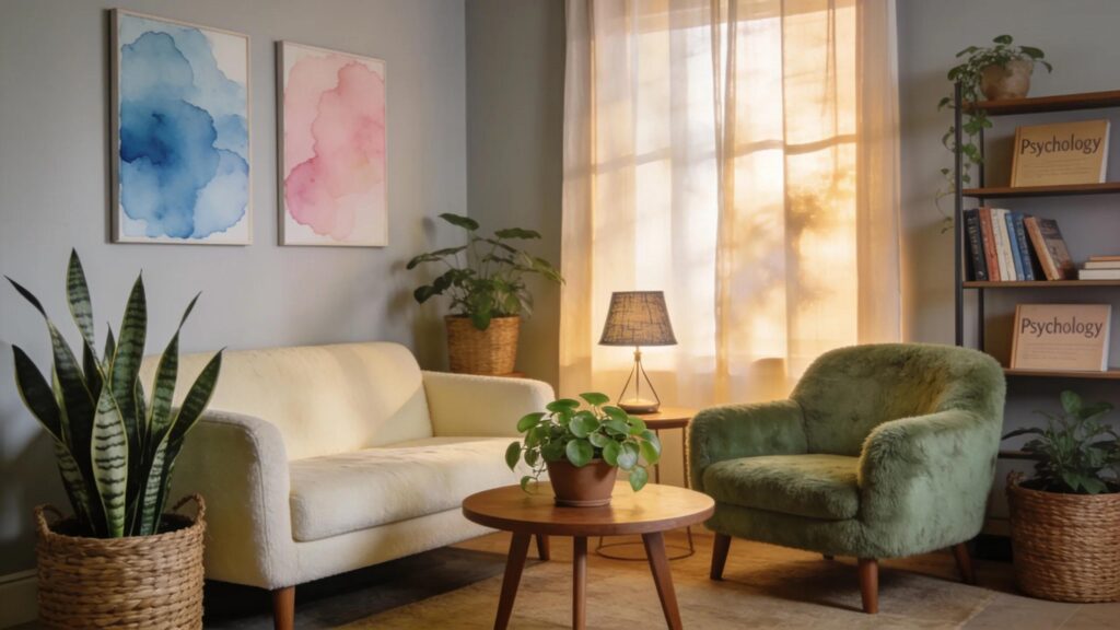 Therapist's office depicting inviting and calming atmosphere to engage potential clients
