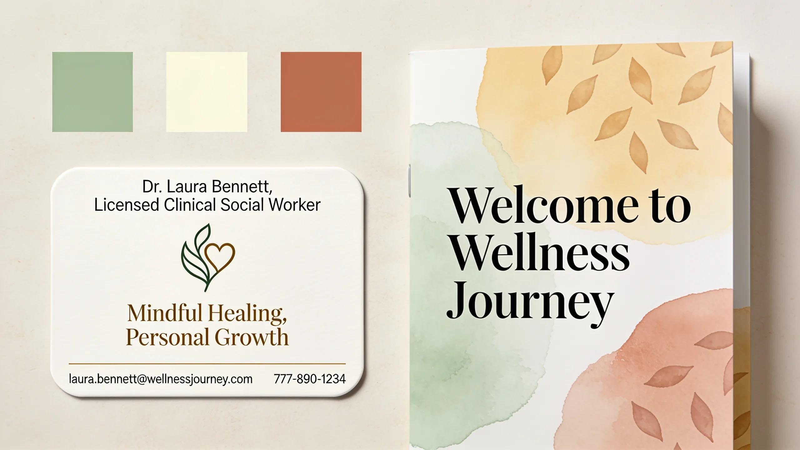 Brand identity elements such as logos and color palettes representing a therapist's unique brand
