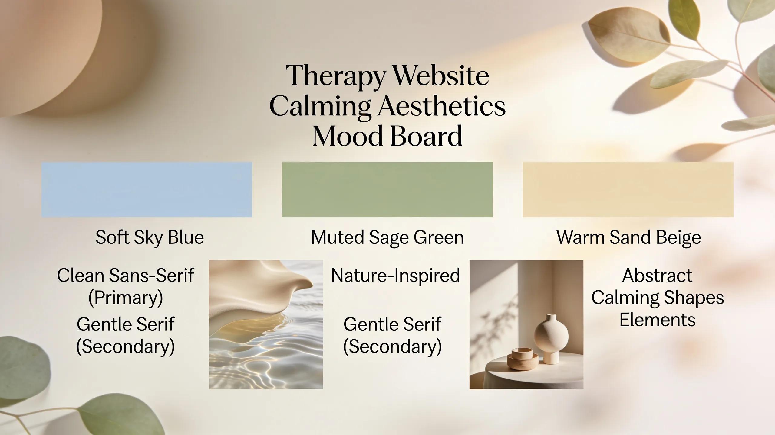 Mood board with calming color palette and design elements for therapy websites