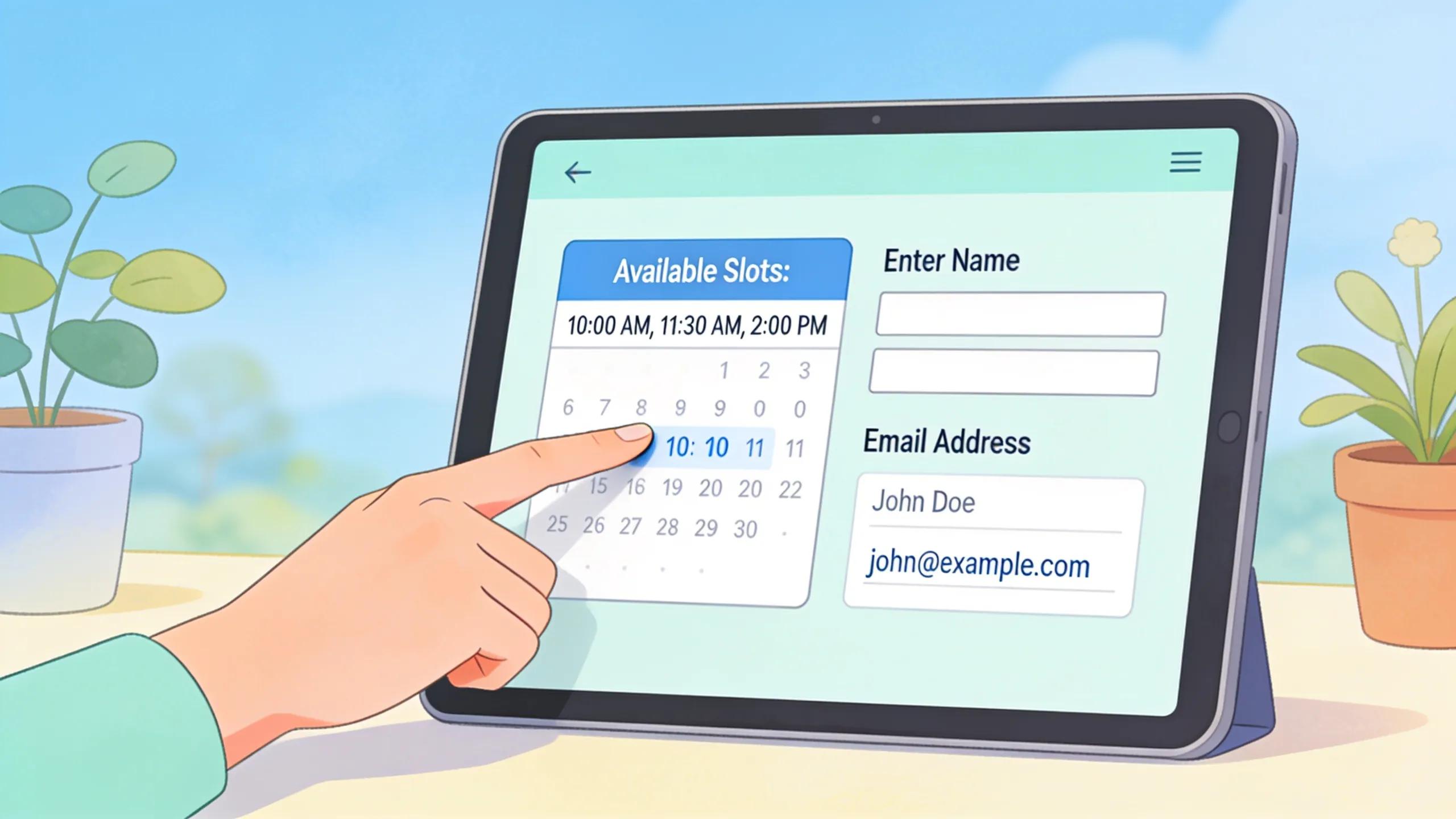 User-friendly appointment booking interface on a tablet illustrating streamlined booking flow for therapy clients