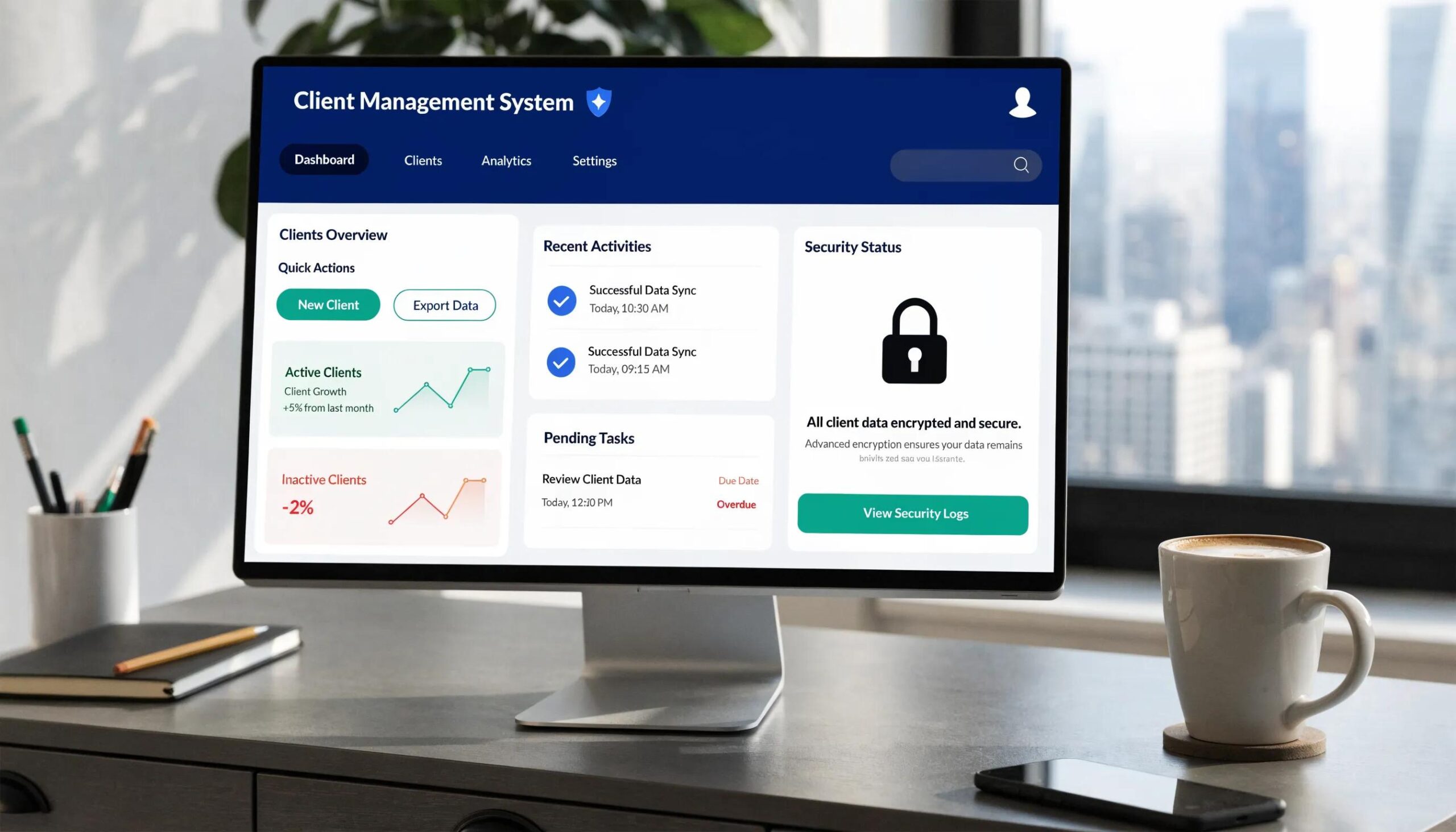 Computer screen showing secure online client management system with privacy symbols