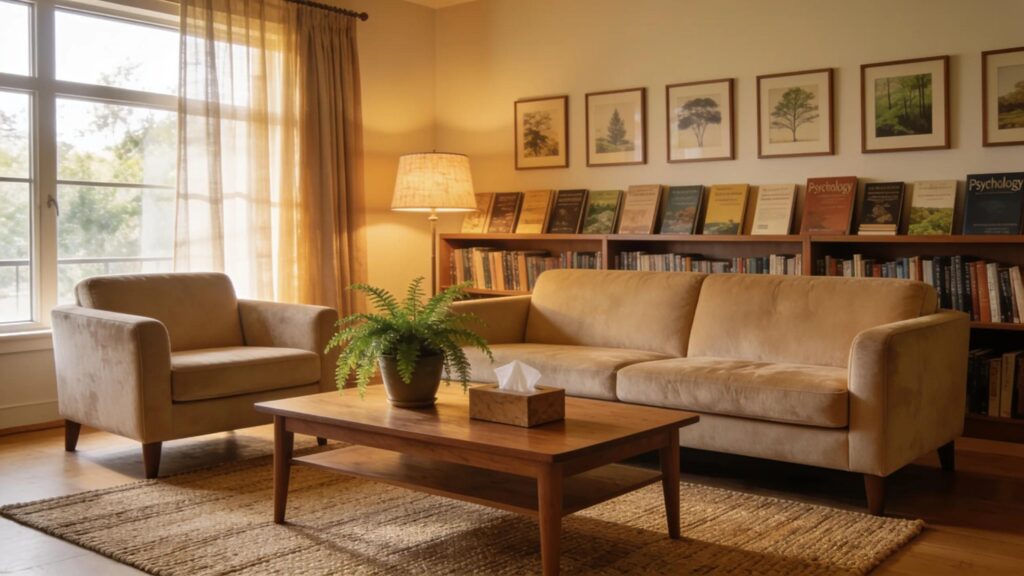 Therapist's office with warm lighting and cozy furnishings inviting clients for therapy sessions