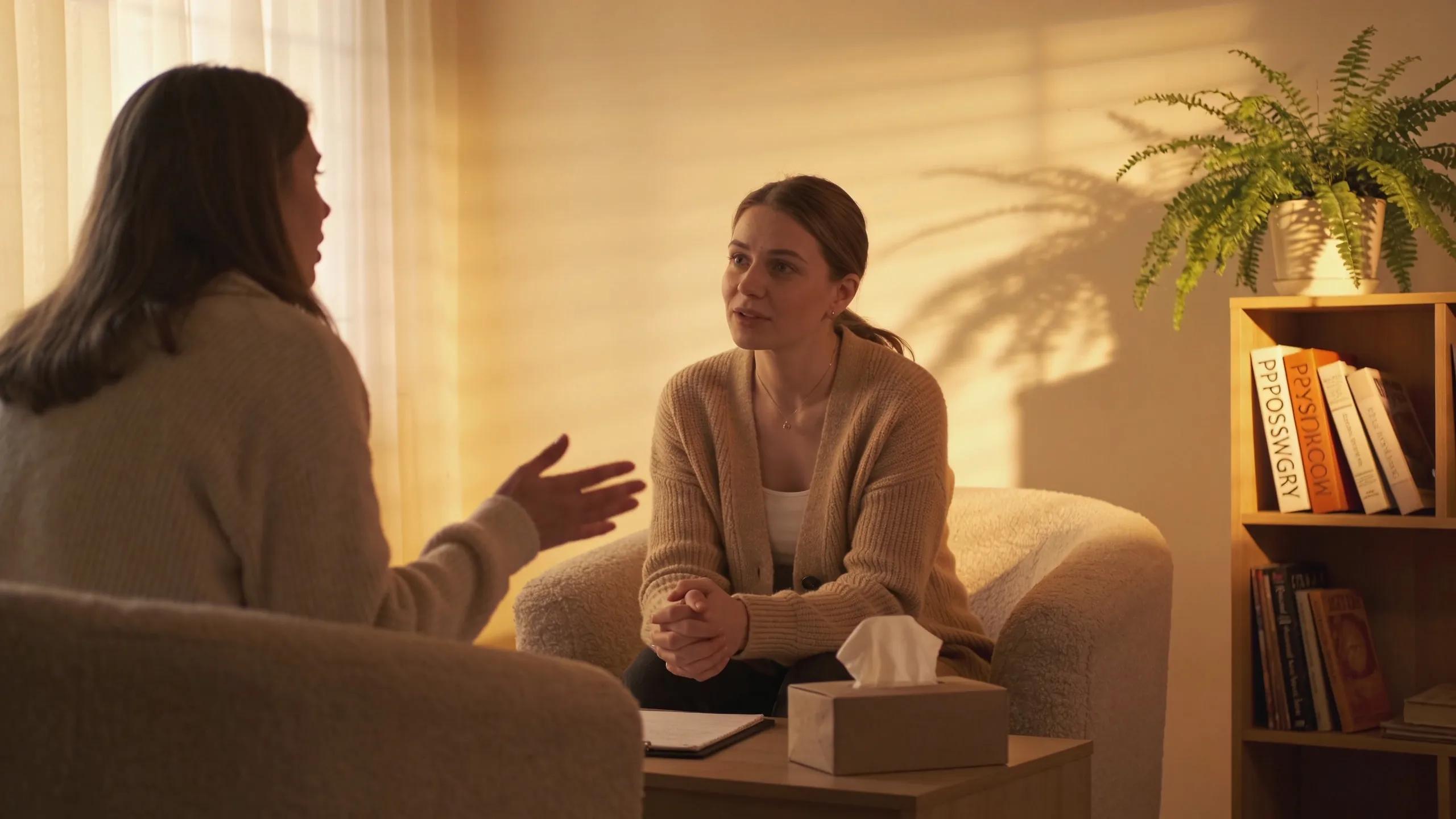 Therapist engaging with a client in a warm therapy office, illustrating audience engagement and trust