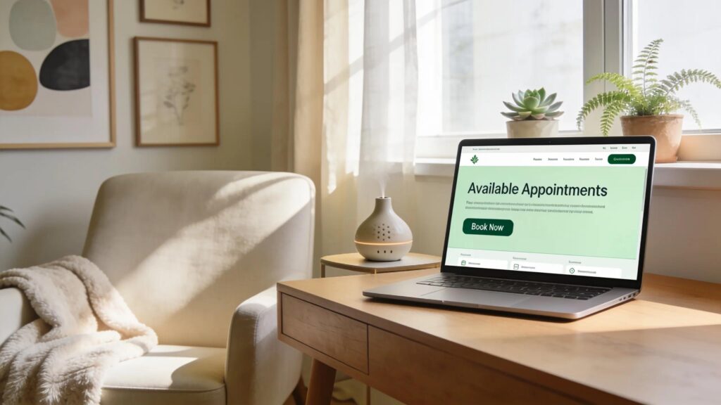 Therapist office with peaceful decor and a laptop showcasing online booking benefits