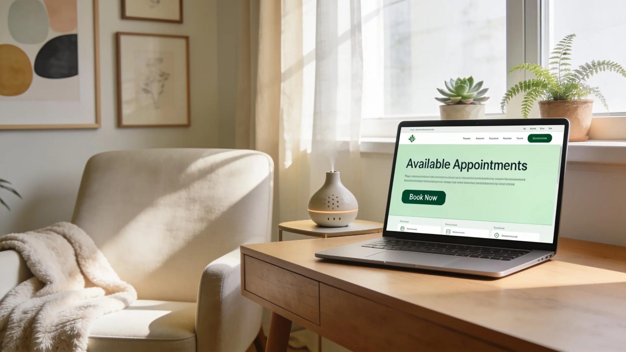 Therapist office with peaceful decor and a laptop showcasing online booking benefits