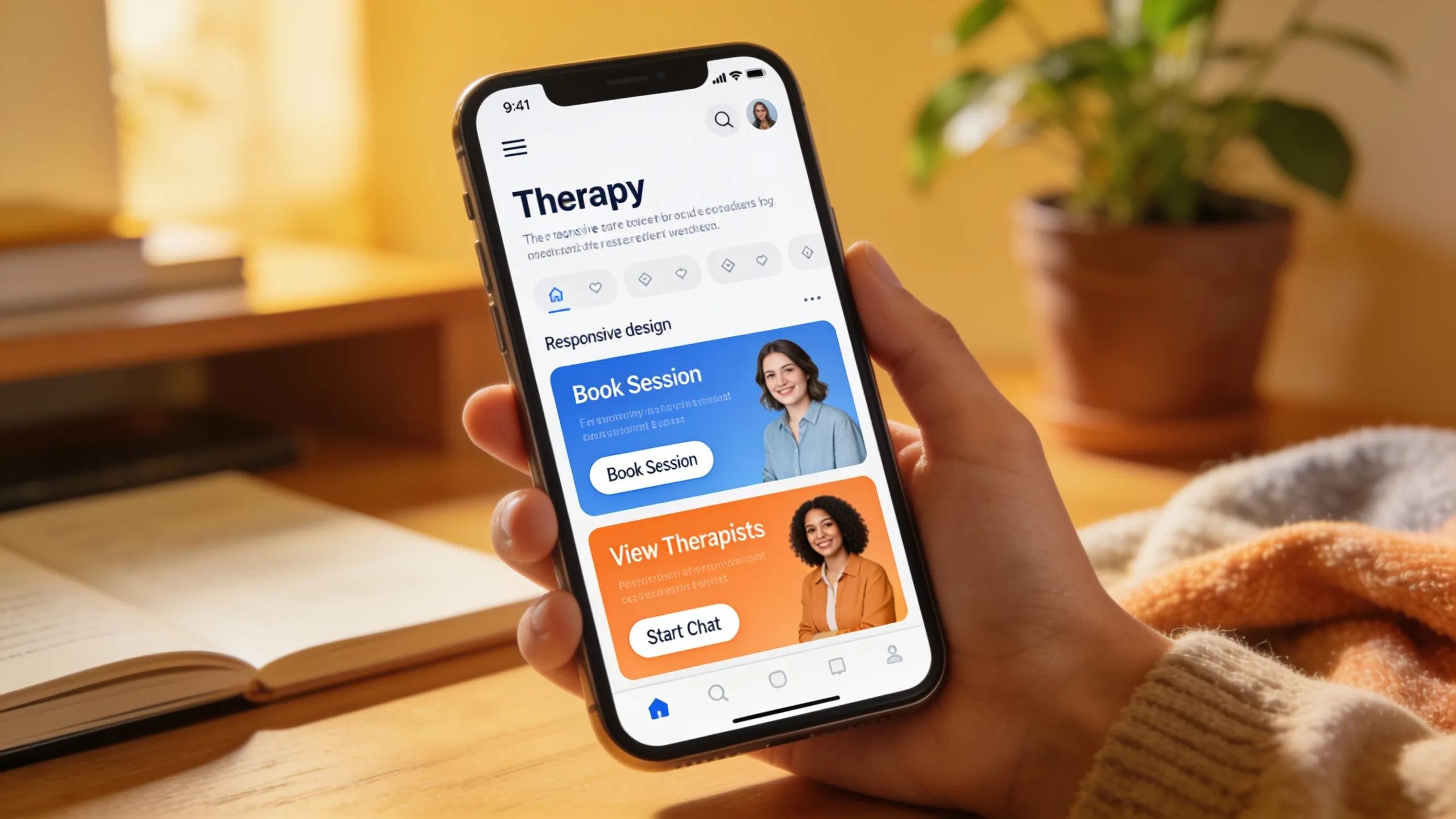 Close-up of a smartphone with a user-friendly therapist website, highlighting responsive design and navigation