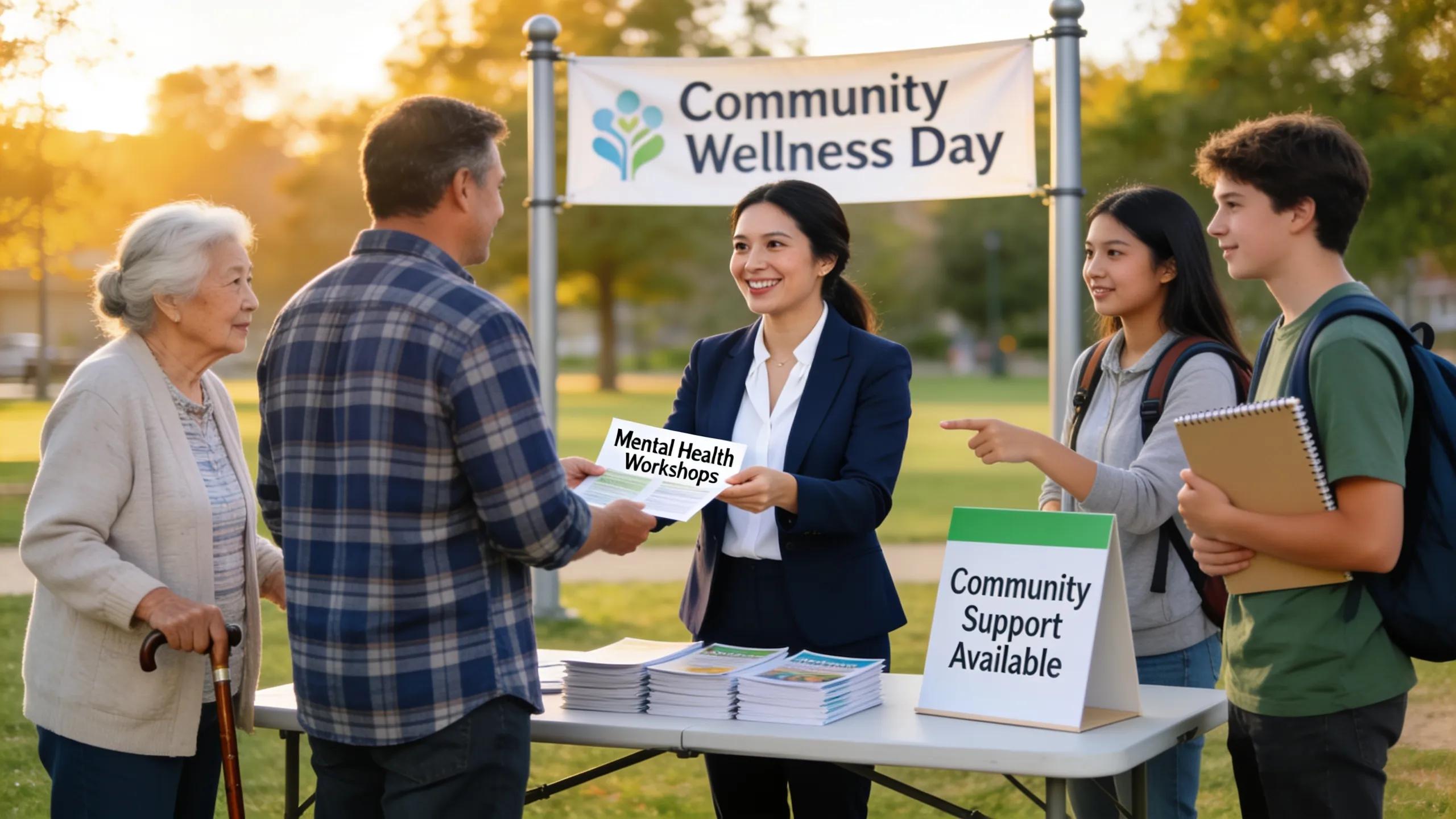Therapist engaging with community members during an outreach event to promote mental health awareness