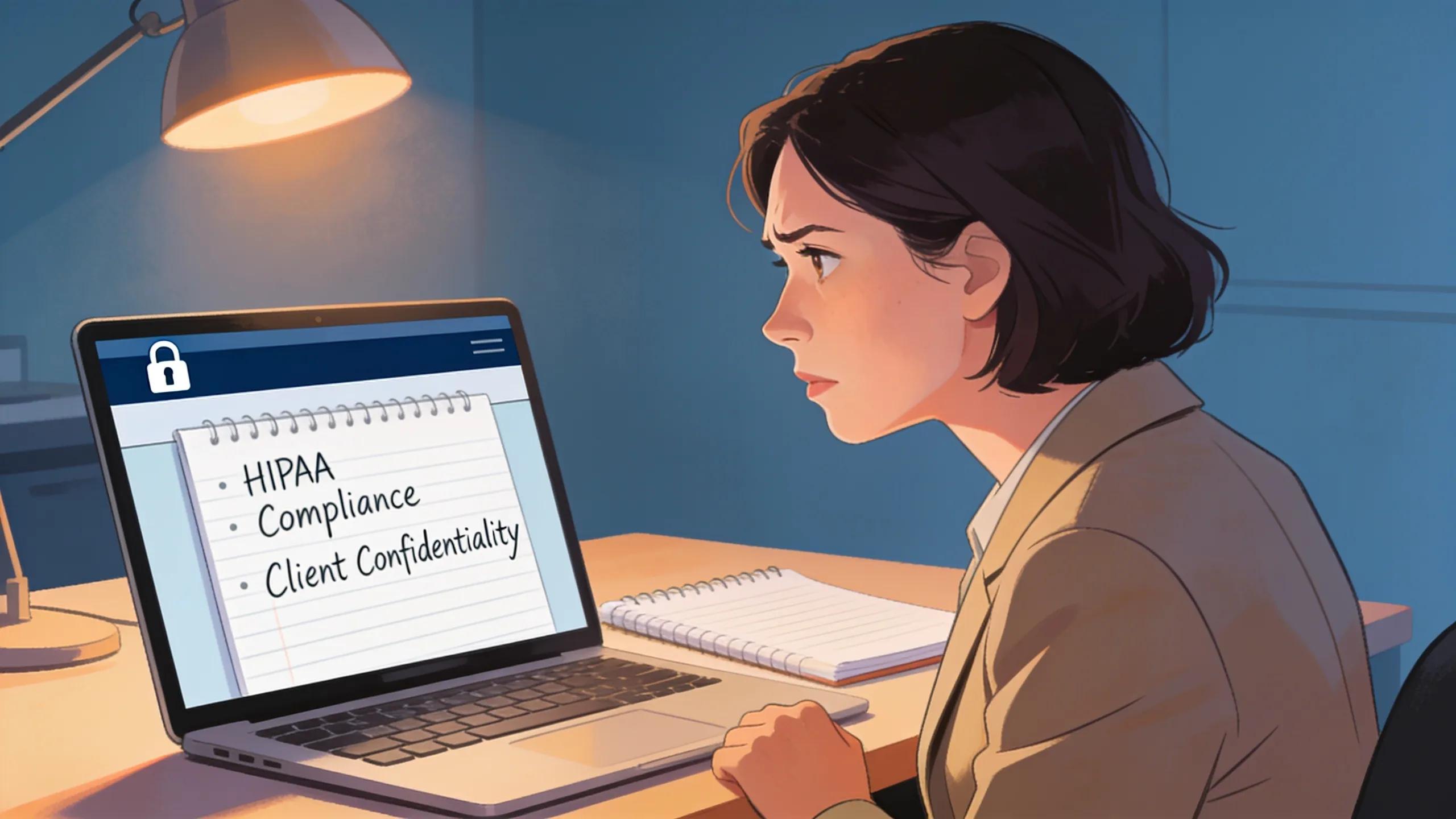 Therapist conducting a secure online session reflecting directory compliance risks