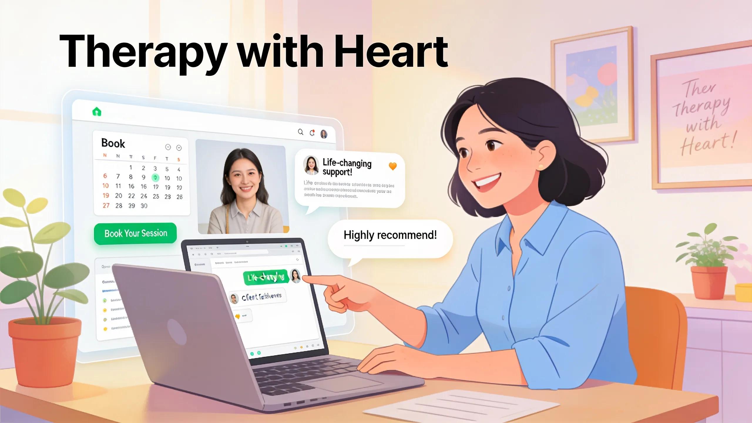 Therapist interacting with clients through an online platform, emphasizing engagement and marketing effectiveness