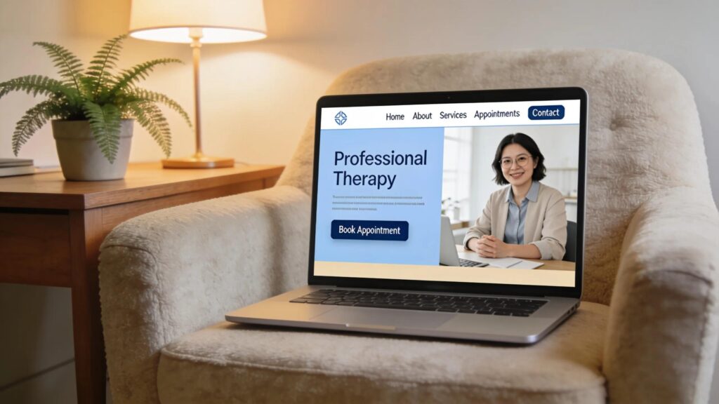 Therapy website interface on a laptop demonstrating user-friendly design principles for effective appointment booking