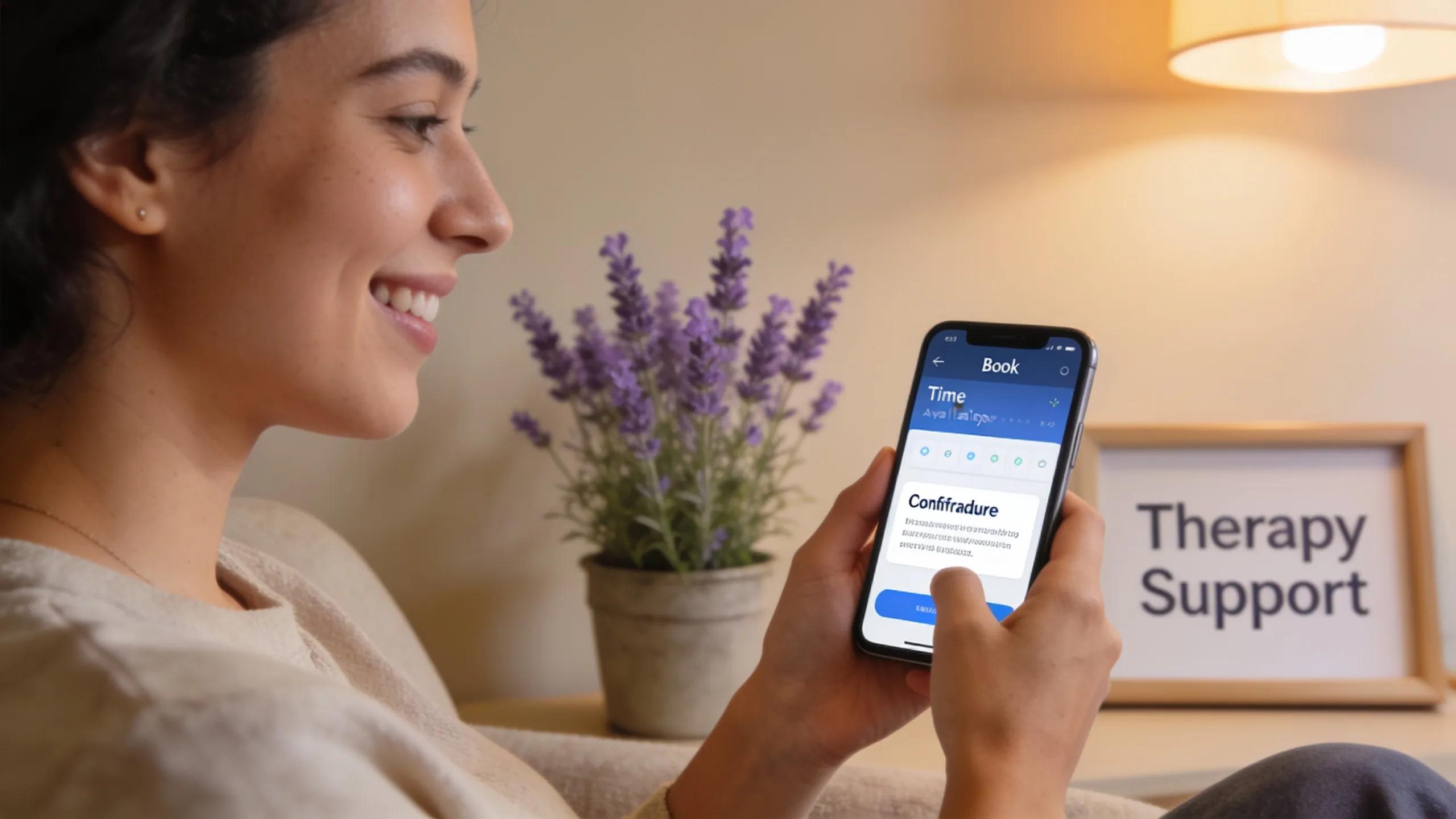 Client using smartphone for online scheduler integration to book therapy appointments, emphasizing user convenience
