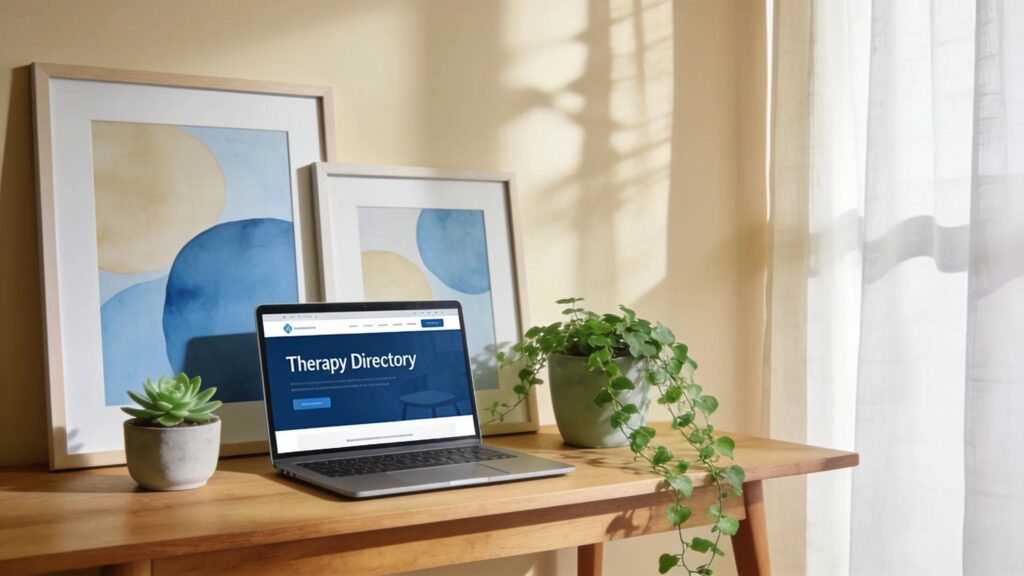 Therapist's workspace highlighting a therapy directory on a laptop in a calm environment