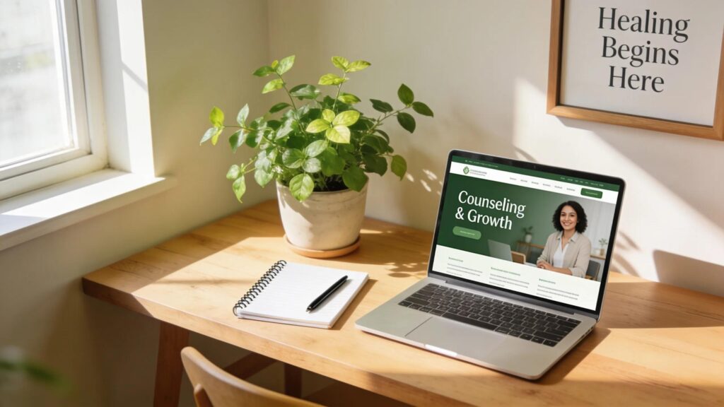 Inviting therapist workspace with laptop, notepad, and plant, reflecting owned media strategy in therapy practices