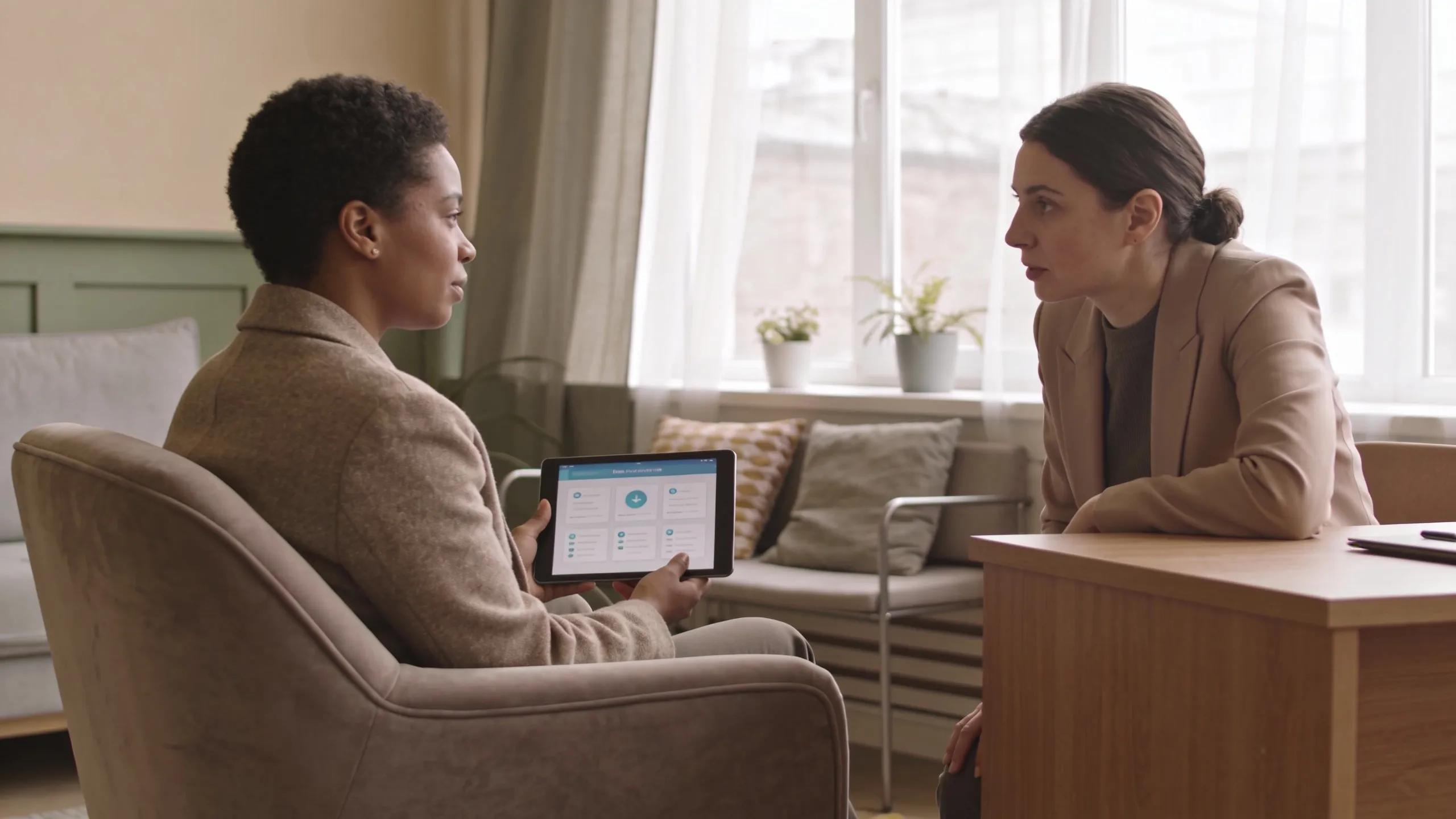 Therapist guiding client through user-friendly website interface