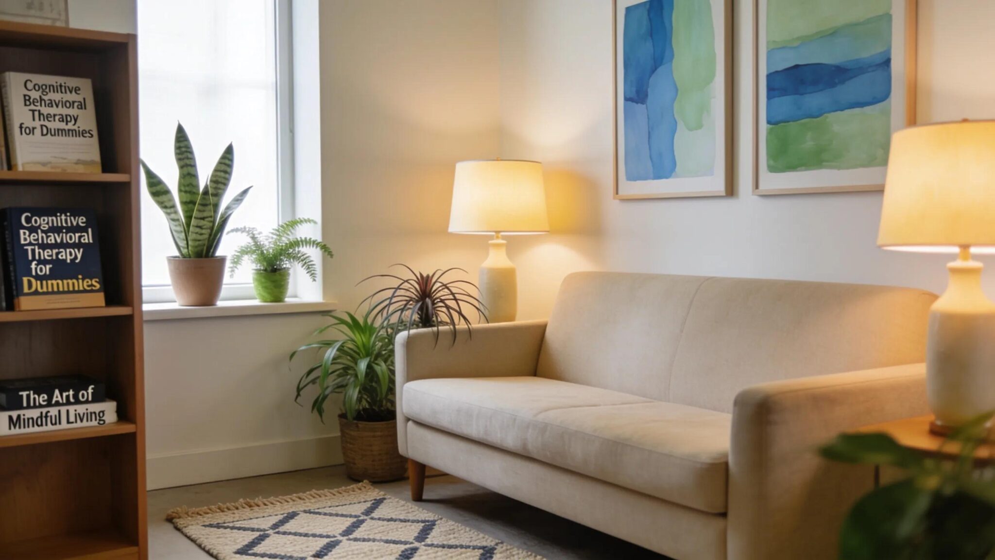 Welcoming therapist office interior, emphasizing professionalism and comfort for potential clients seeking therapy.