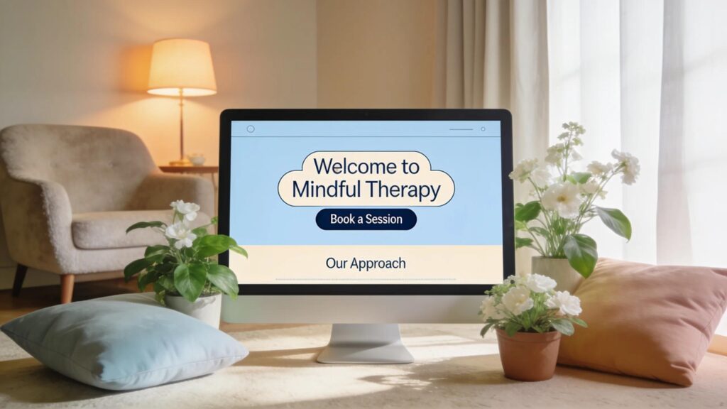UX design elements for therapy websites featuring inviting color schemes and a friendly interface