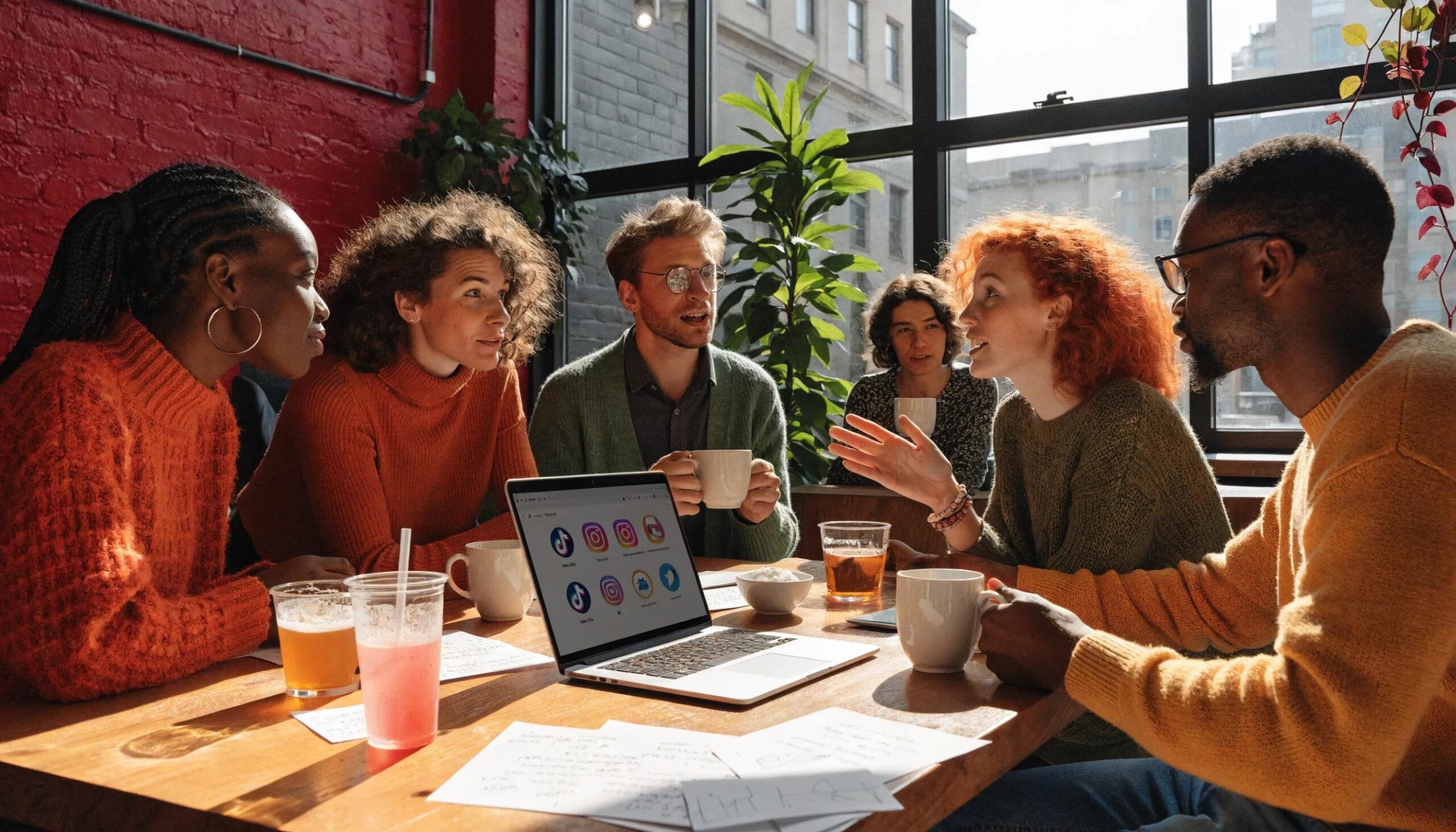 Diverse group discussing over a laptop screen with social media icons, representing social media engagement in therapy