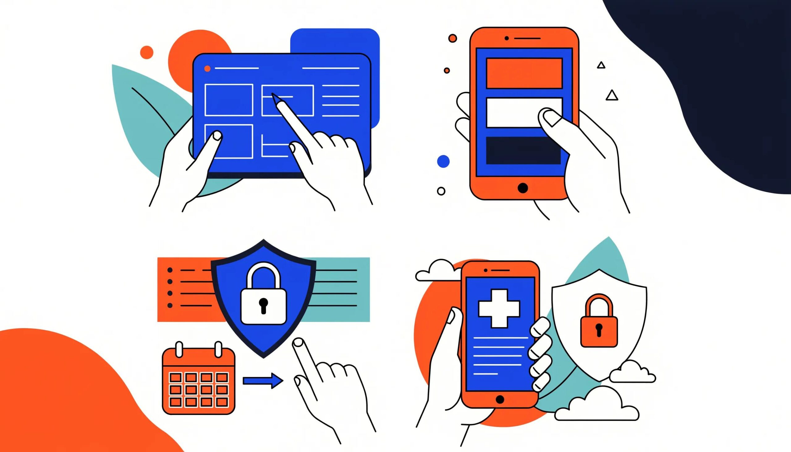 Illustration of key website features for therapists emphasizing usability and security