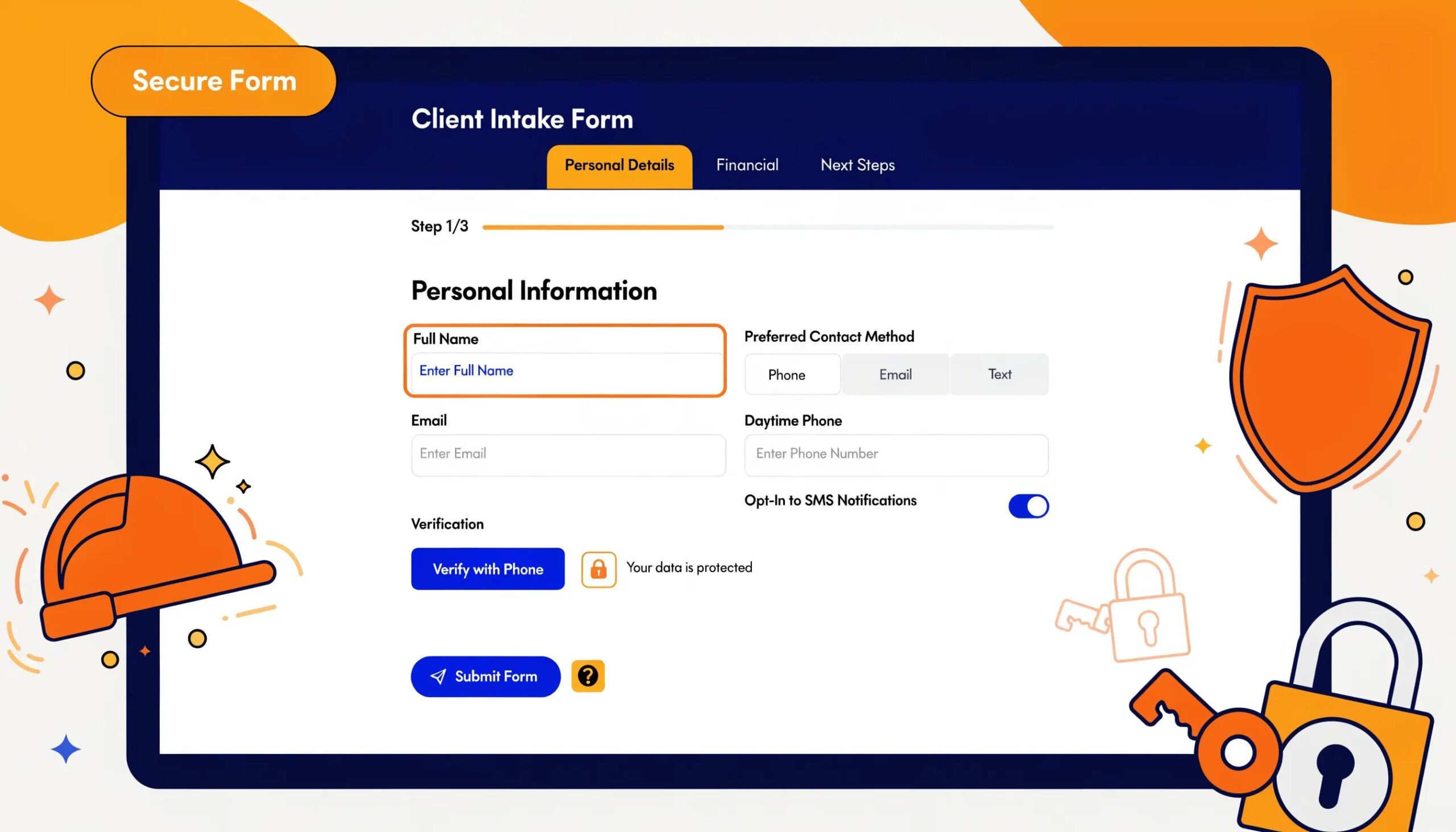 Close-up of a secure online intake form highlighting data protection and client trust