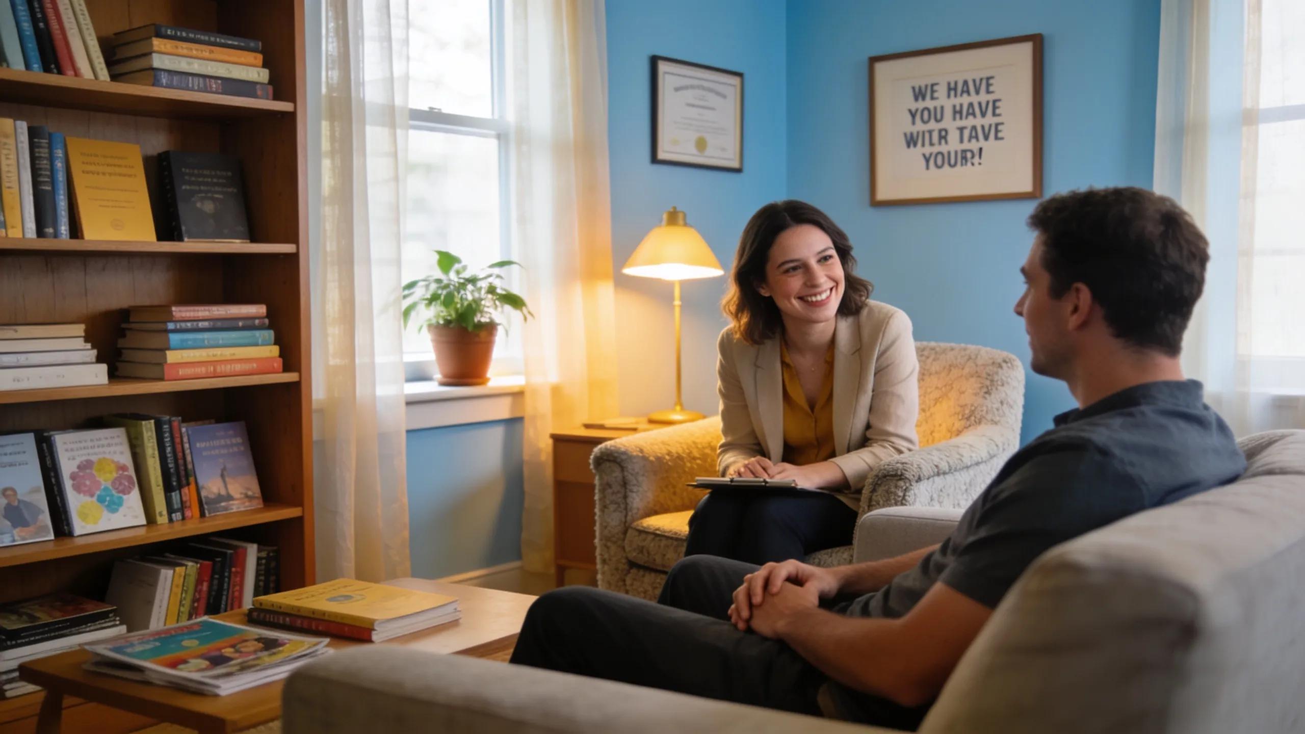 Therapist engaging with a client in a cozy office, highlighting the importance of quality content in building trust