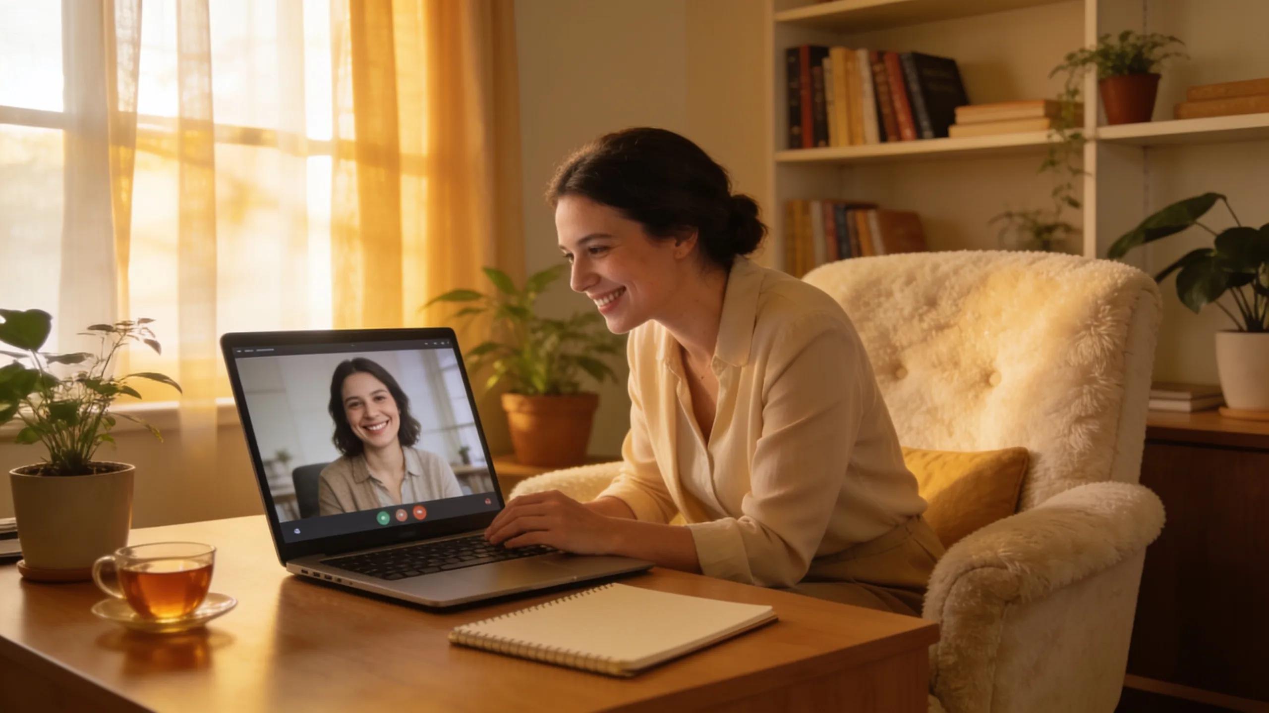 Therapist on video call with client, showcasing client engagement through online presence management