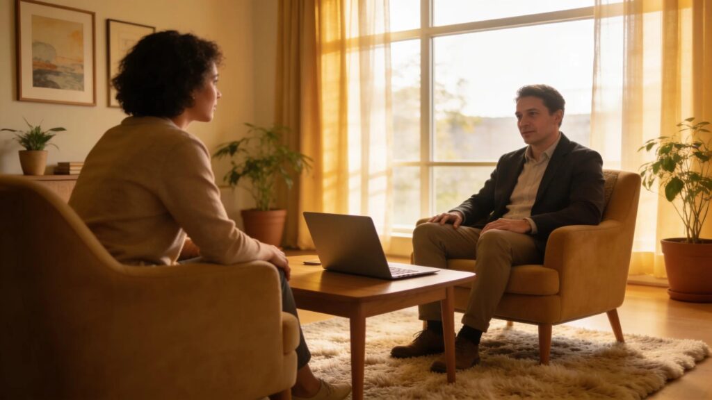 Warm and inviting therapy session with a laptop, emphasizing the connection between modern therapists and technology
