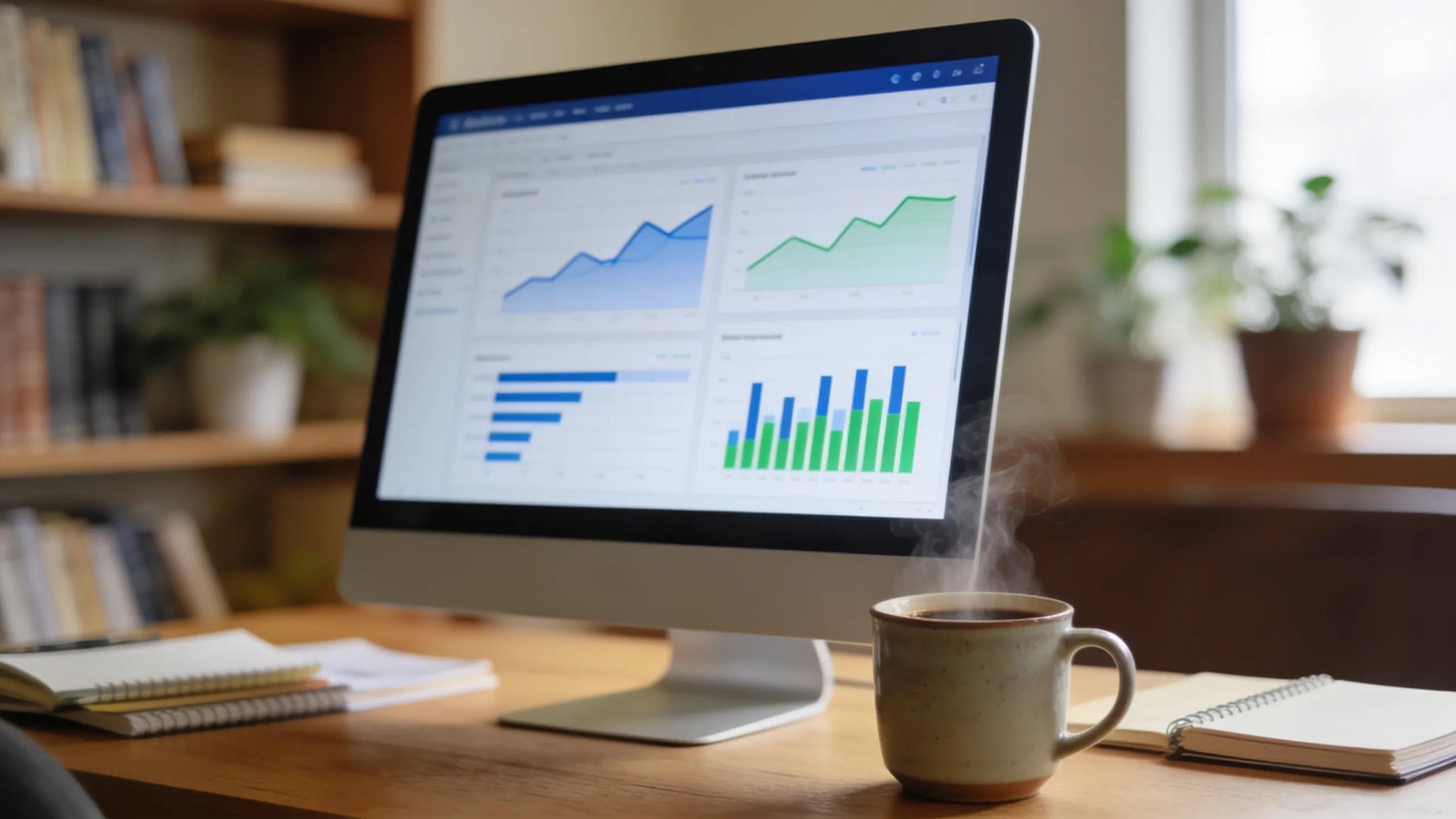 Therapist analyzing data analytics on a computer screen for informed marketing strategies