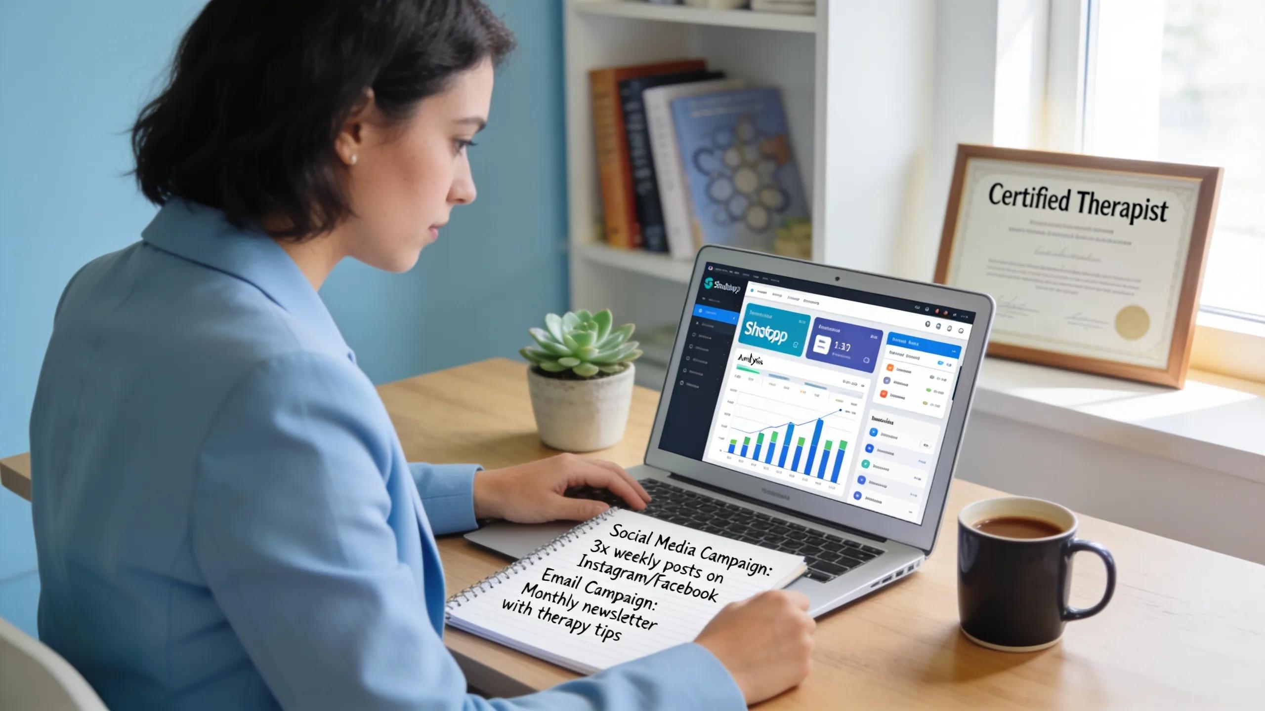 Therapist analyzing marketing strategies to promote therapy products online, focusing on tools and techniques