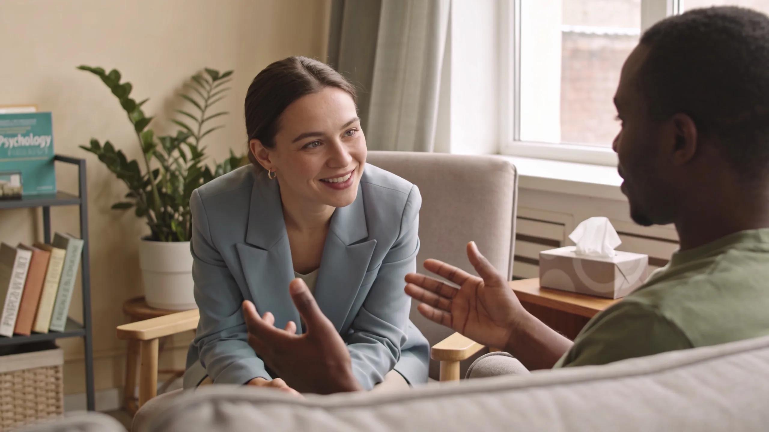 Therapist engaging with a client in a cozy therapy office setting