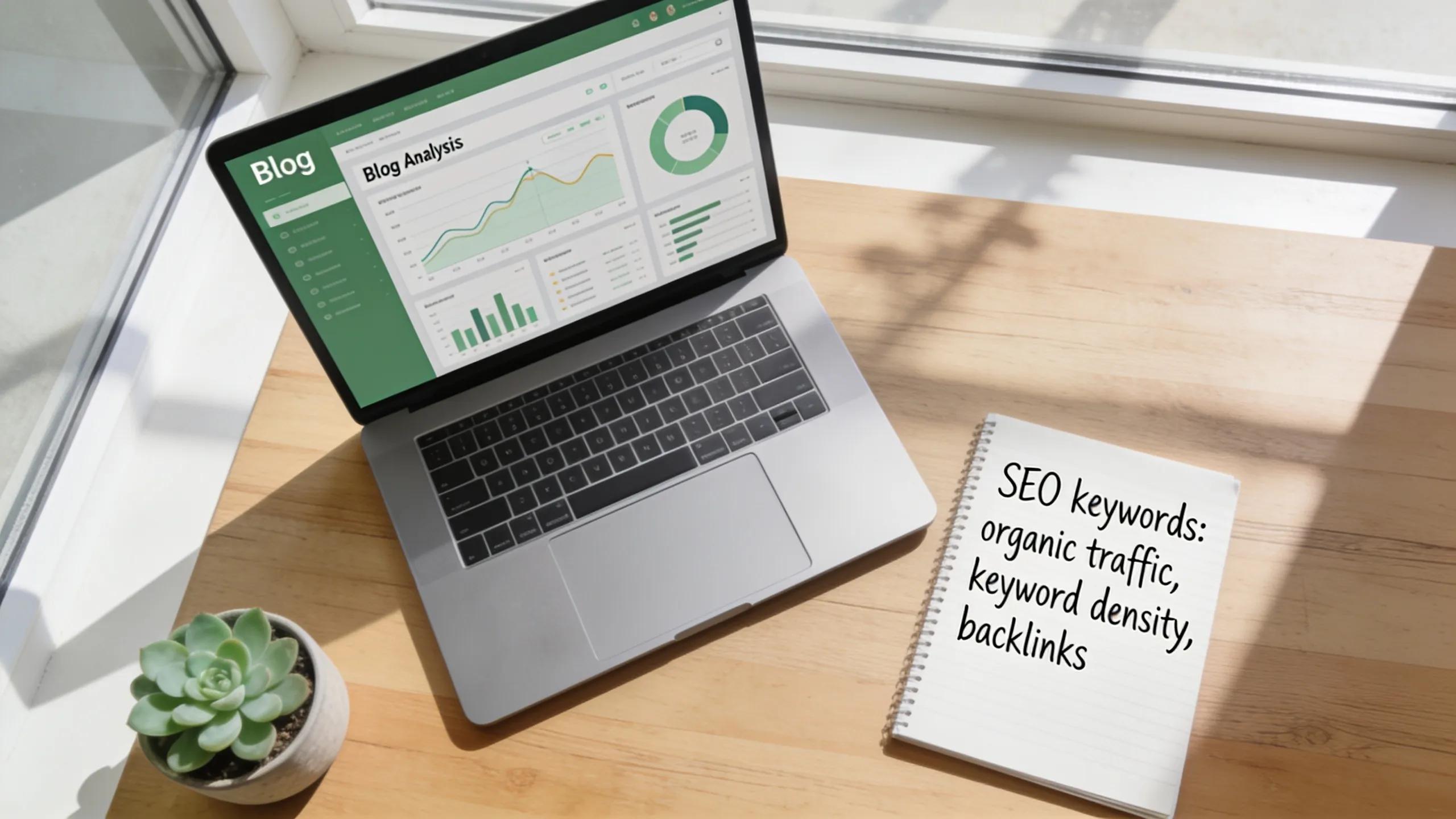 Workspace with a laptop displaying blog analytics, reflecting SEO optimization strategies for therapists