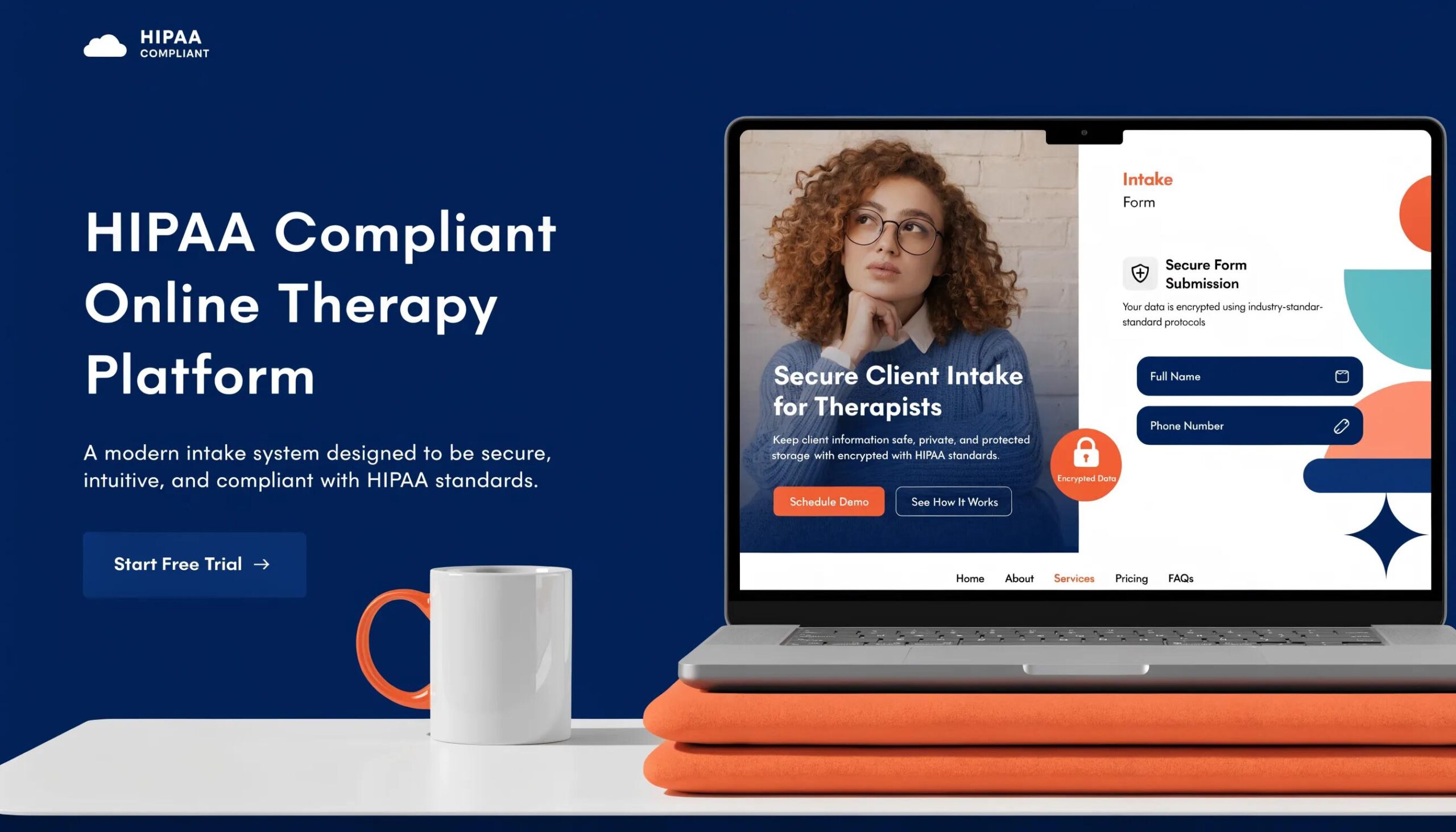 Laptop displaying a secure therapist website design focused on HIPAA compliance