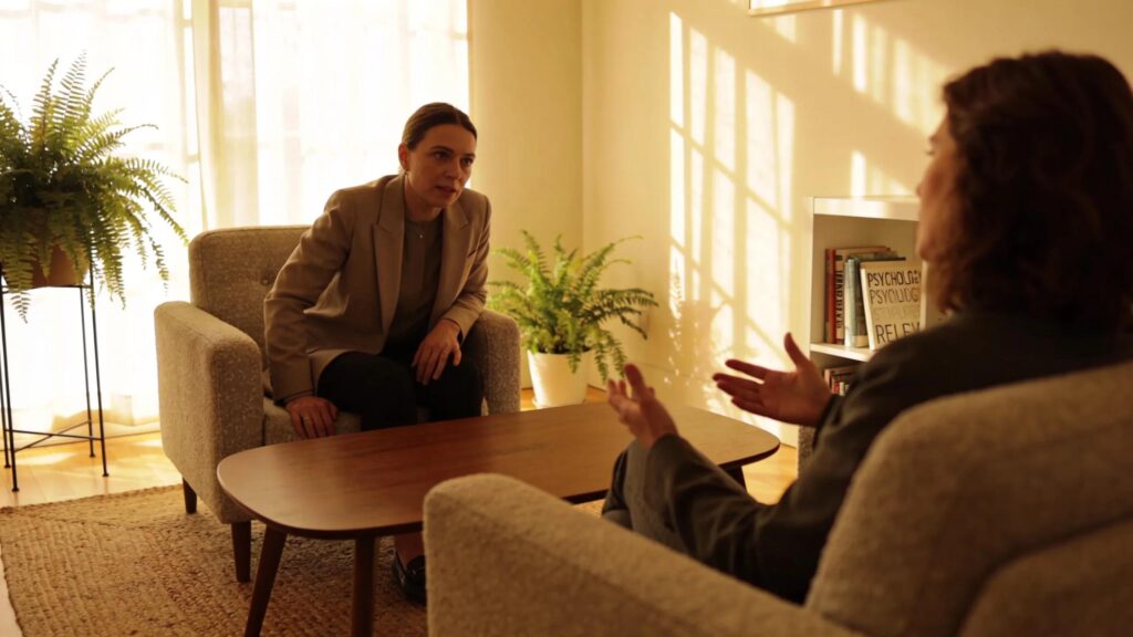 Therapist listening attentively to a client in a serene office, emphasizing the importance of personal connection in therapy.