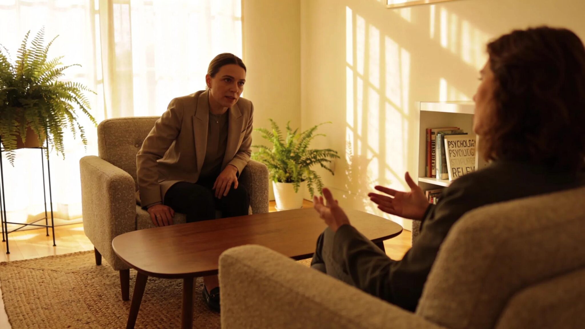 Therapist listening attentively to a client in a serene office, emphasizing the importance of personal connection in therapy.