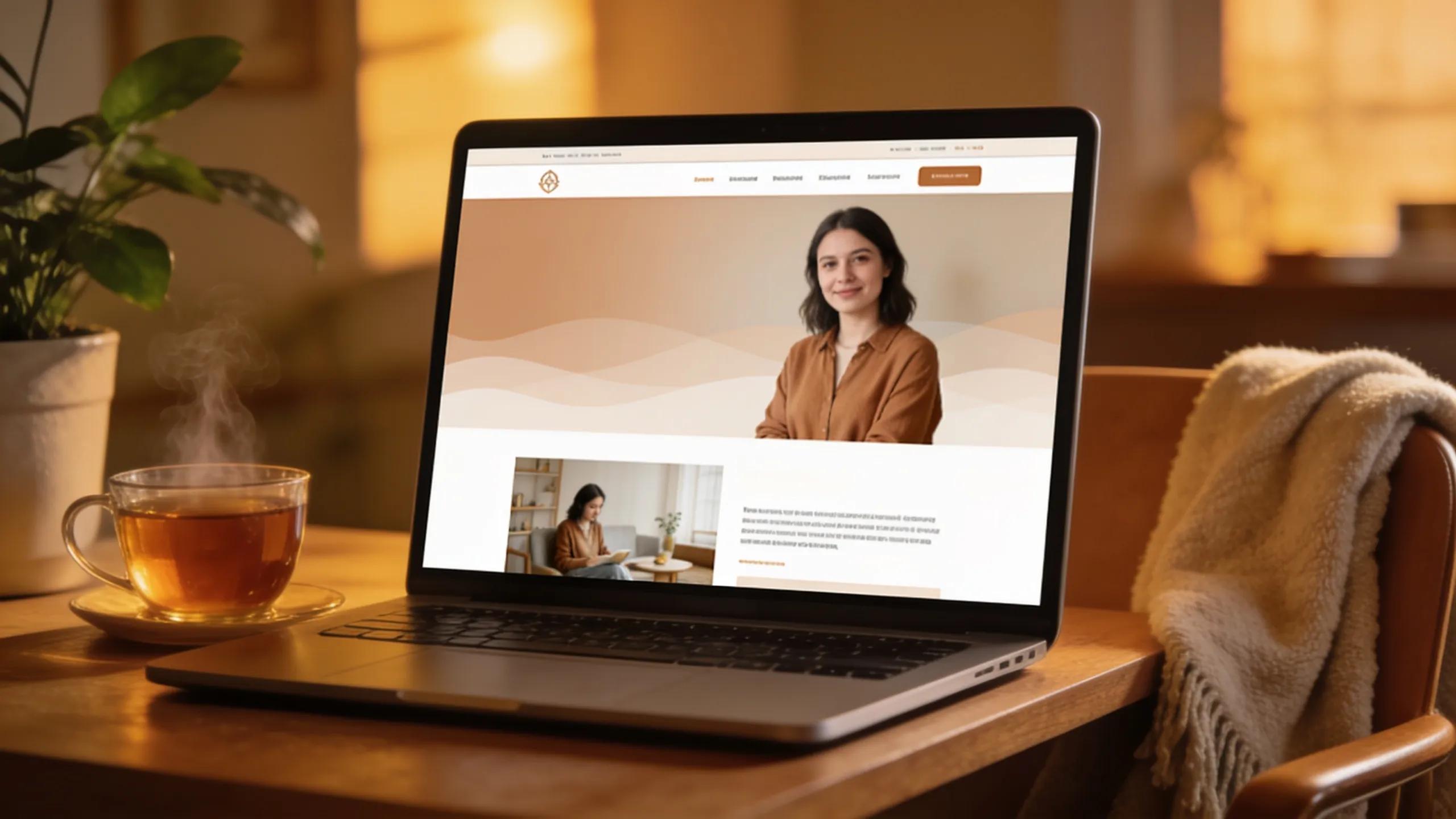 Laptop displaying a visually appealing personal therapist website in a cozy workspace