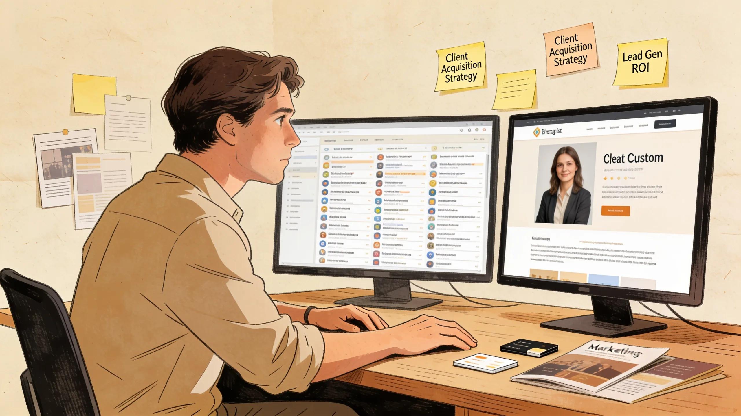Therapist comparing crowded directory listings to their own website for client acquisition strategy