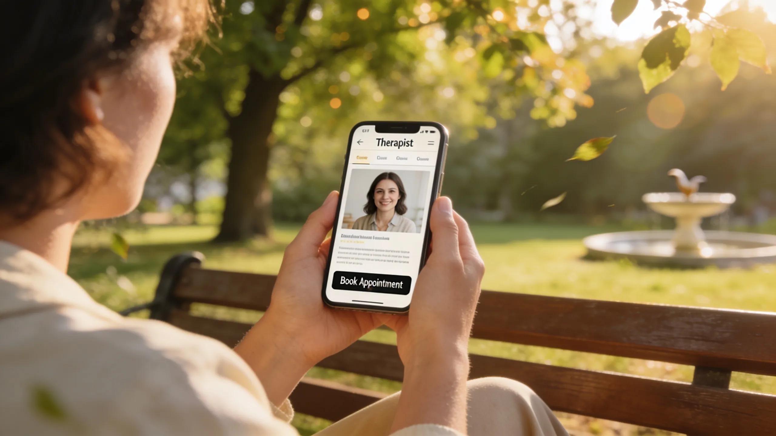 Individual accessing a therapist's mobile-optimized website in a relaxing outdoor environment